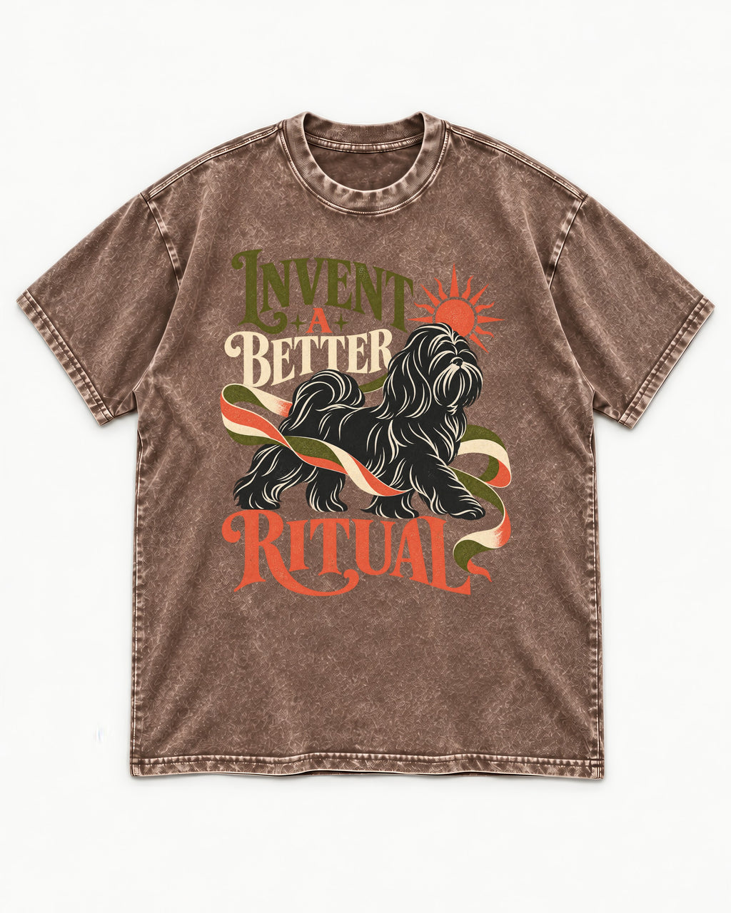 Shih Tzu Invent A Better Ritual Sunrise Ribbon Graphic Washed Tee in Coffee, flat lay product photo
