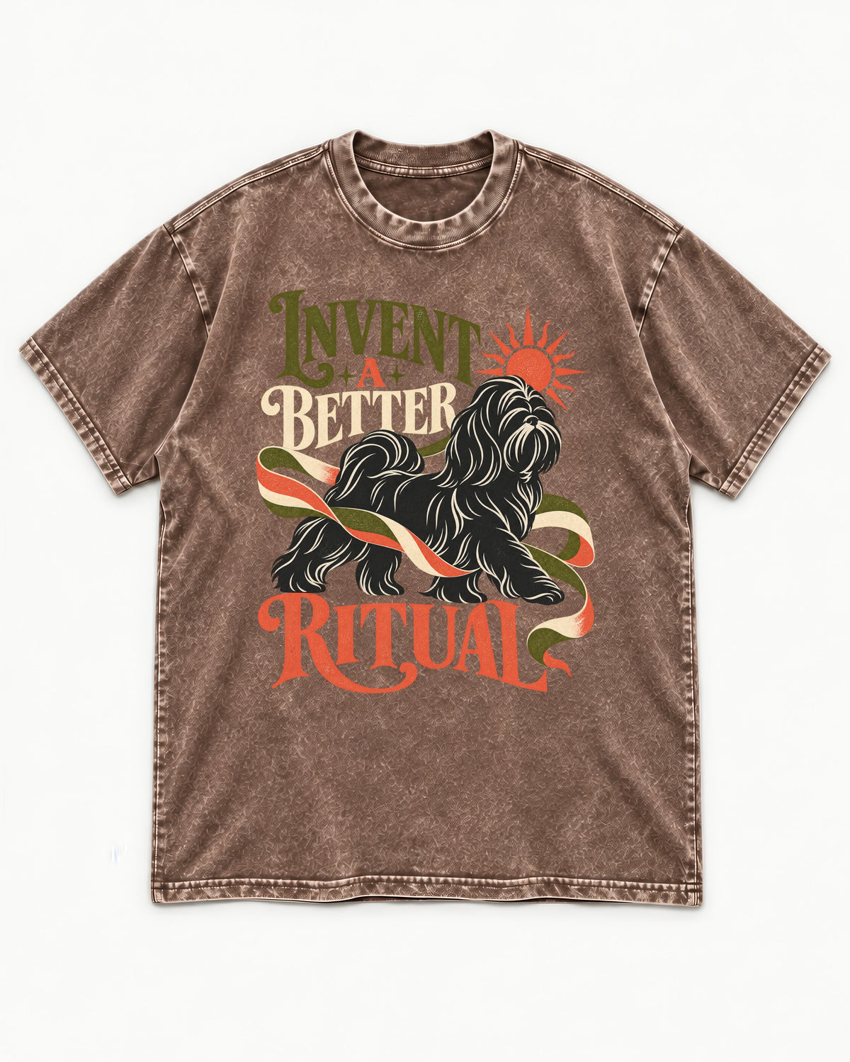 Shih Tzu Invent A Better Ritual Sunrise Ribbon Graphic Washed Tee in Coffee, flat lay product photo