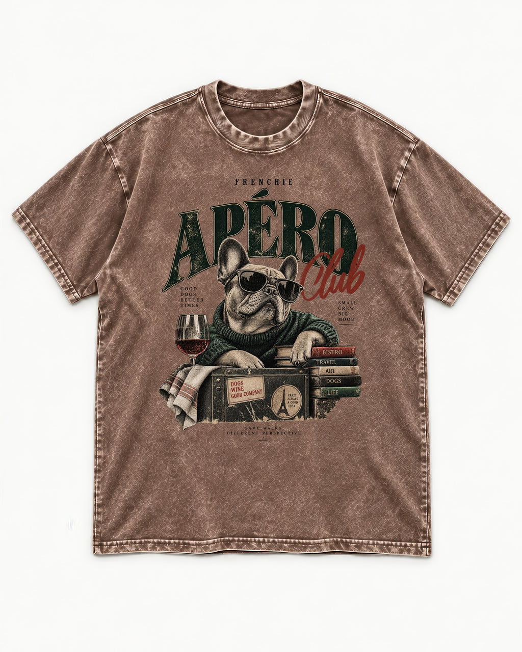 Frenchie Apero Club Washed Tee in Coffee, flat lay product photo