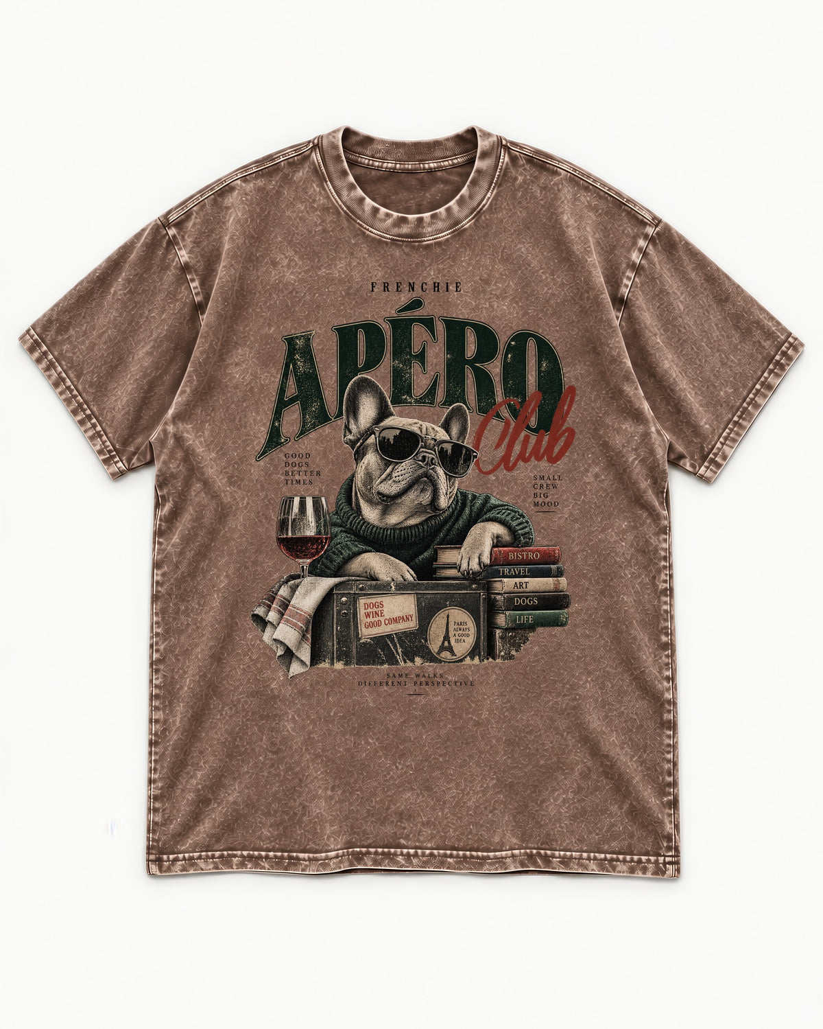 Frenchie Apero Club Washed Tee in Coffee, flat lay product photo