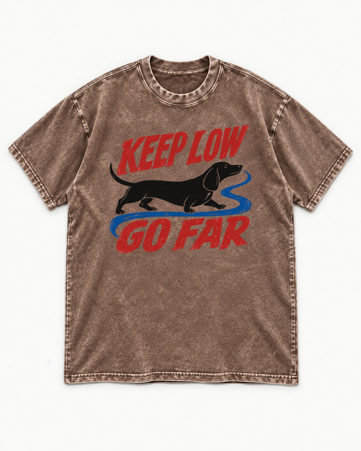 Keep Low Go Far Dachshund Washed Tee in Coffee, flat lay product photo