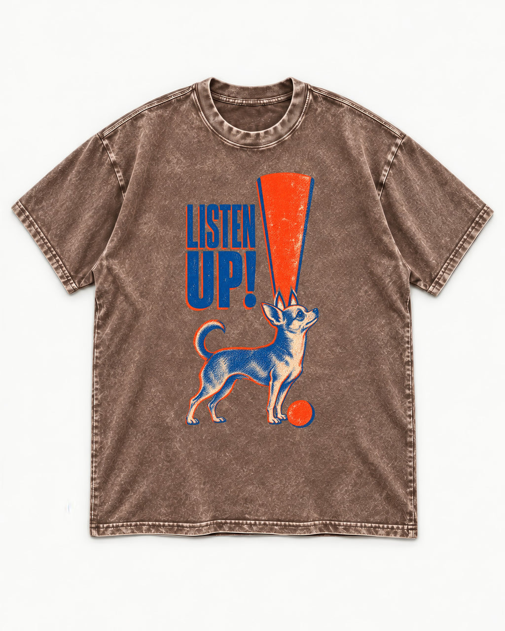 Listen Up Chihuahua Washed Tee in Coffee, flat lay product photo