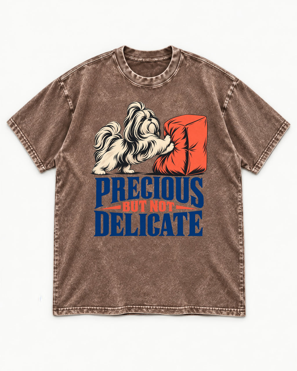 Precious but Not Delicate Shih Tzu Washed Tee in Coffee, flat lay product photo