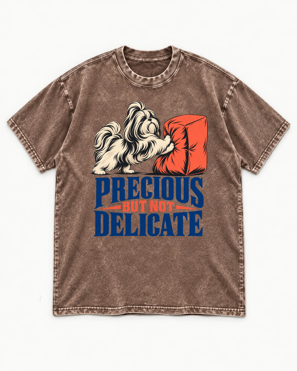 Precious but Not Delicate Shih Tzu Washed Tee in Coffee, flat lay product photo