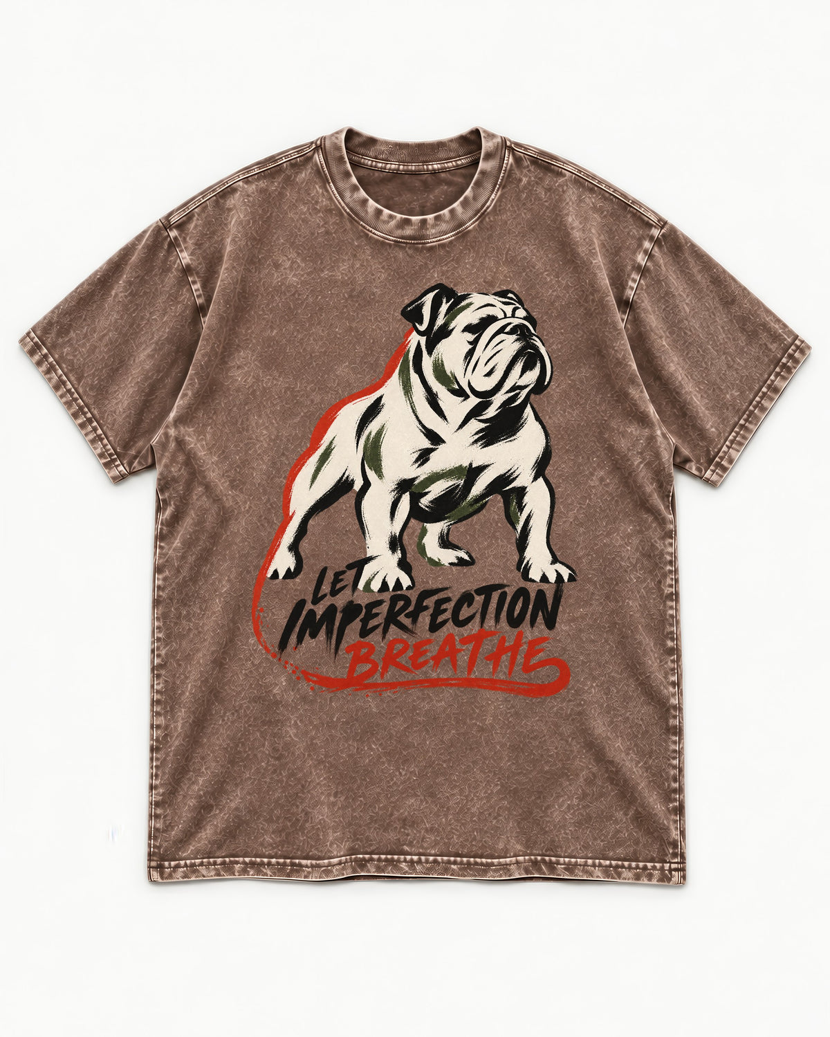Let Imperfection Breathe English Bulldog Washed Tee in Coffee, flat lay product photo