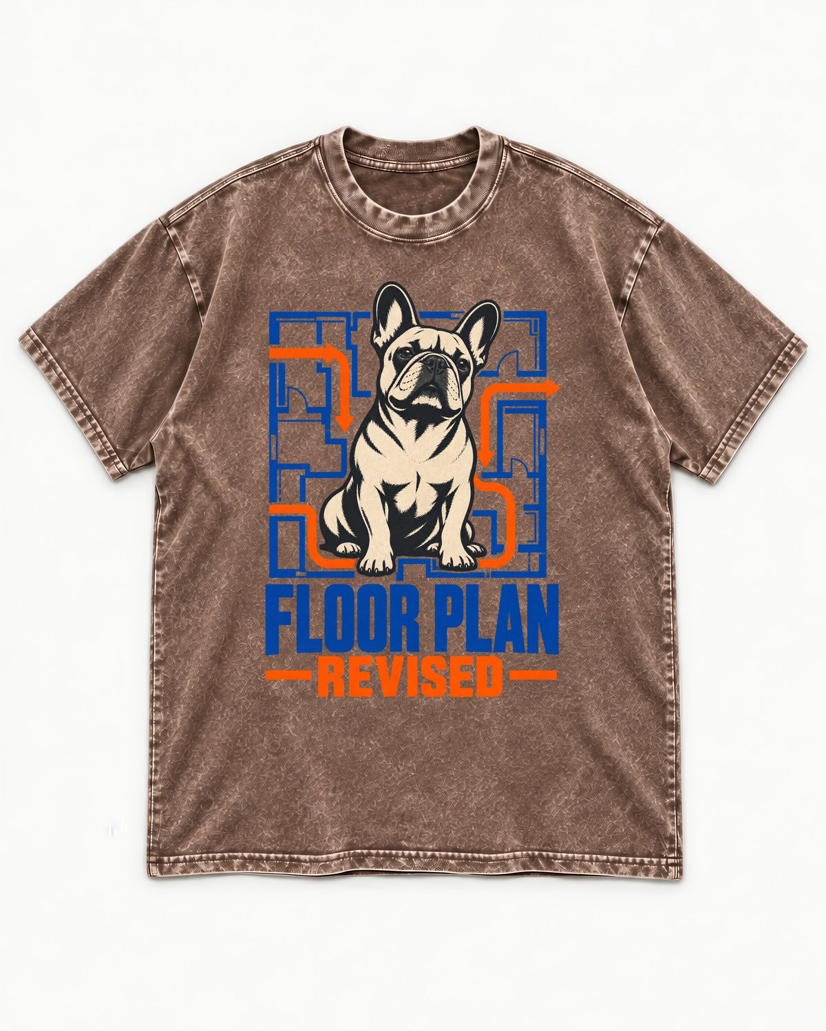 Frenchie Floor Plan Revised Washed Tee in Coffee, flat lay product photo