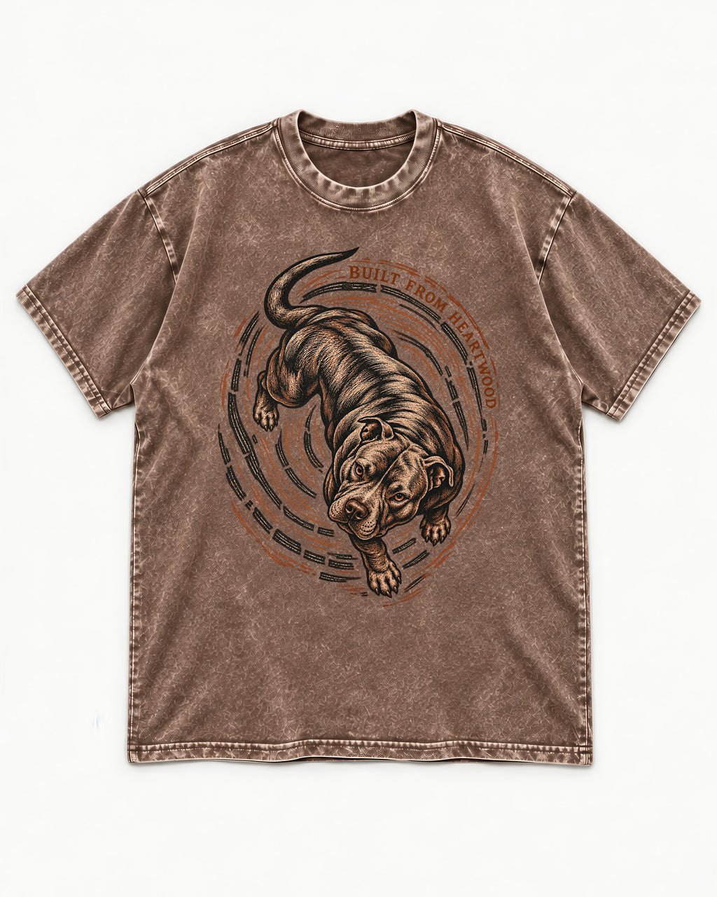Pitbull Built From Heartwood Washed Tee in Coffee, flat lay product photo
