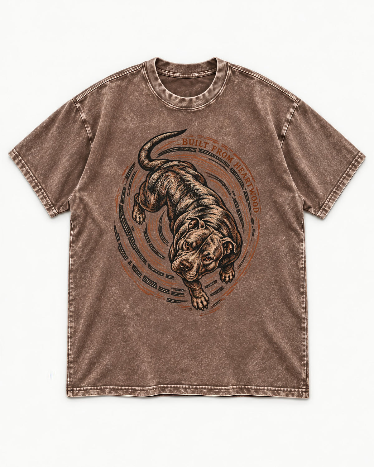 Pitbull Built From Heartwood Washed Tee in Coffee, flat lay product photo