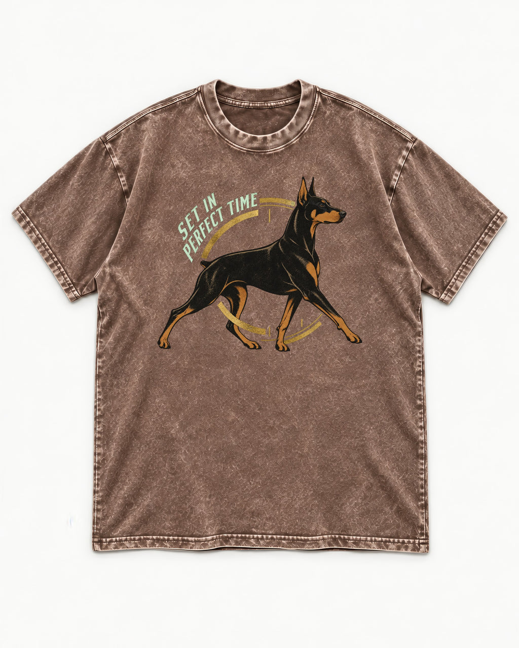 Doberman Set in Perfect Time Clock Stride Graphic Washed Tee in Coffee, flat lay product photo