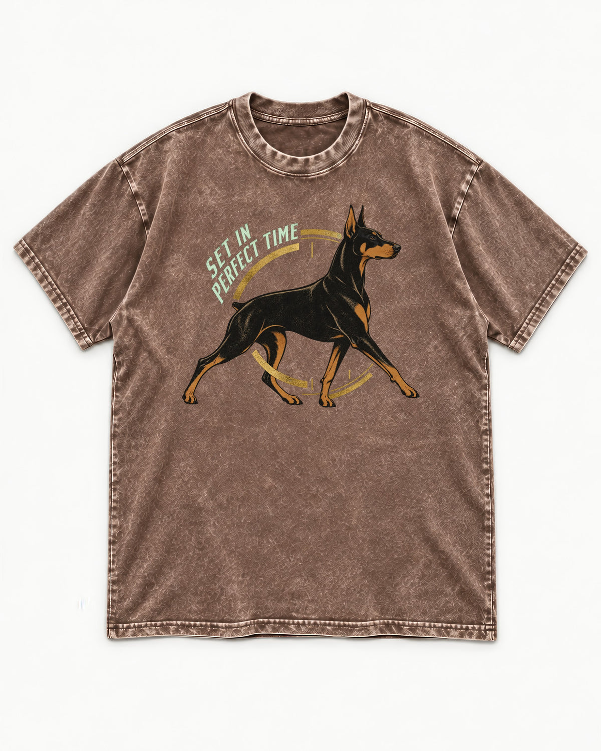 Doberman Set in Perfect Time Clock Stride Graphic Washed Tee in Coffee, flat lay product photo