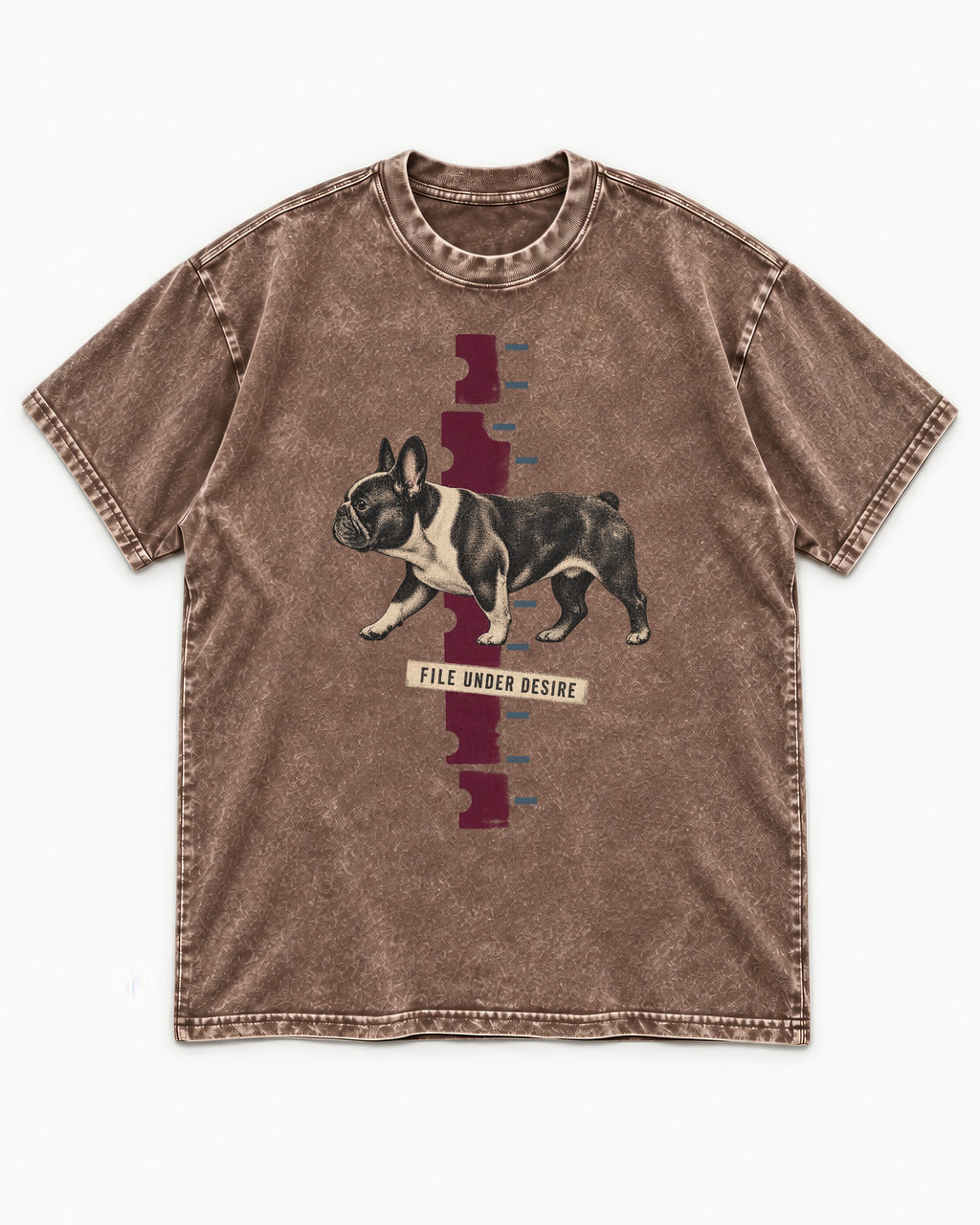 File Under Frenchie Desire Washed Tee in Coffee, flat lay product photo