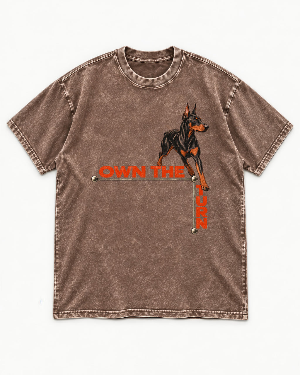 Own the Turn Doberman Washed Tee in Coffee, flat lay product photo