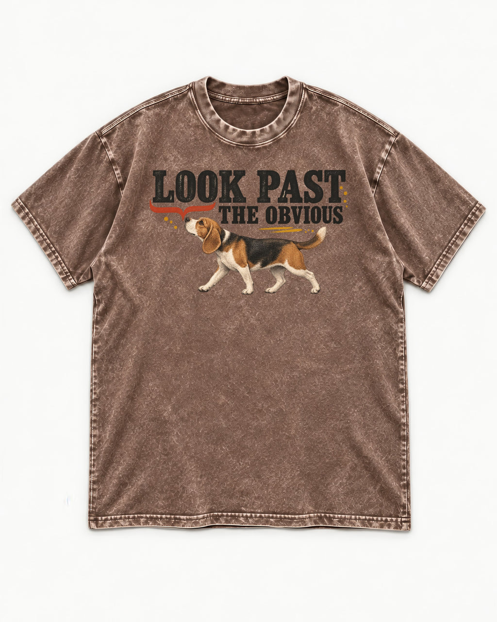Beagle Look Past the Obvious Washed Tee in Coffee, flat lay product photo