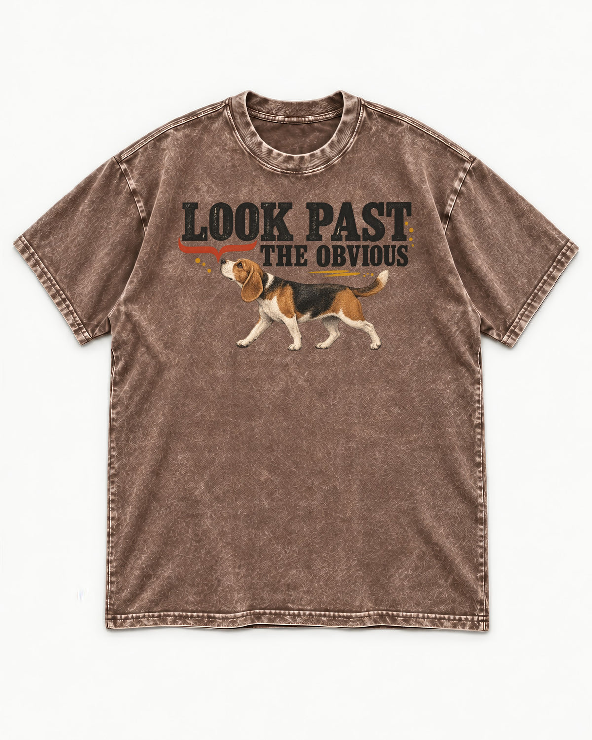 Beagle Look Past the Obvious Washed Tee in Coffee, flat lay product photo
