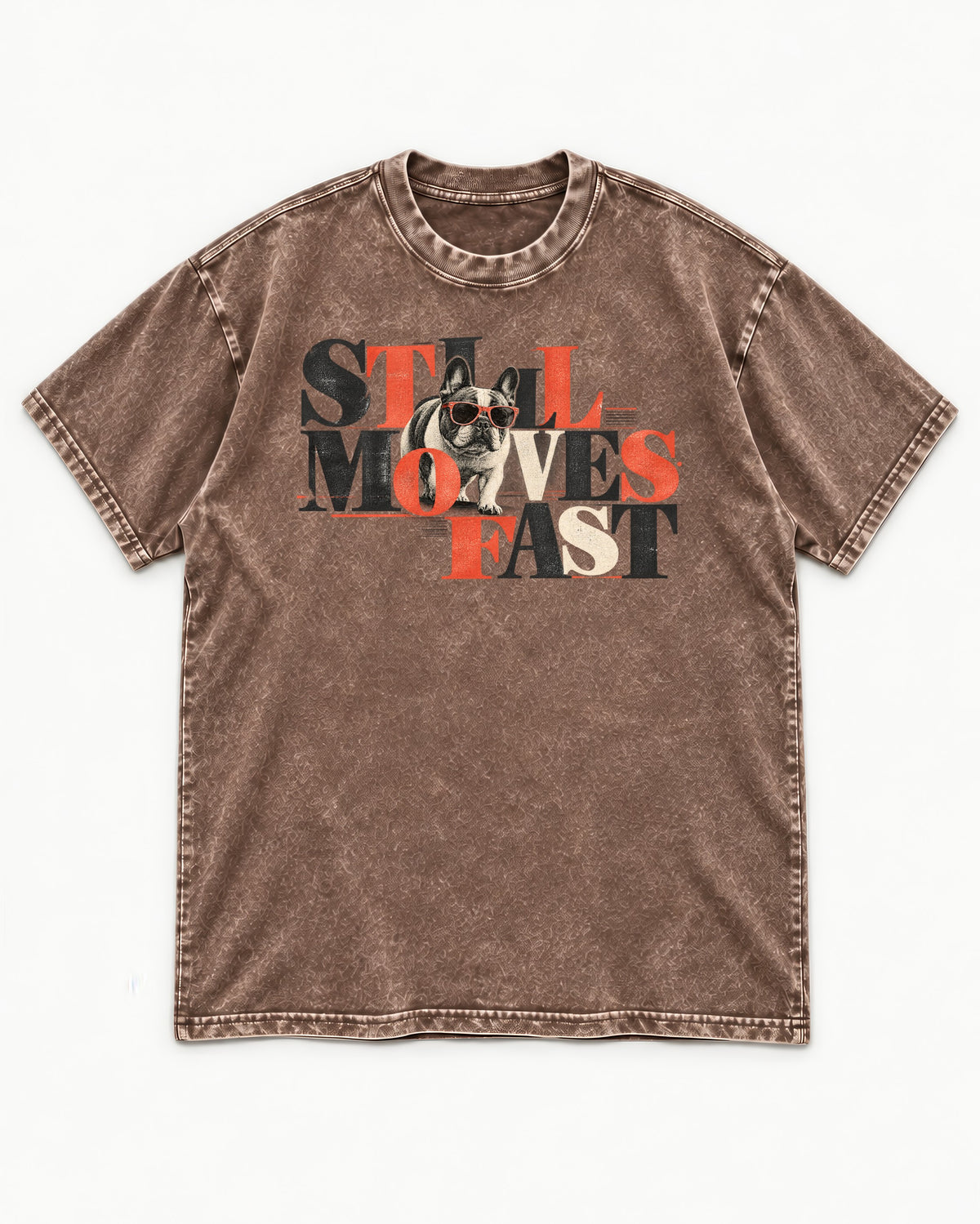 Frenchie Still Moves Fast Washed Tee in Coffee, flat lay product photo