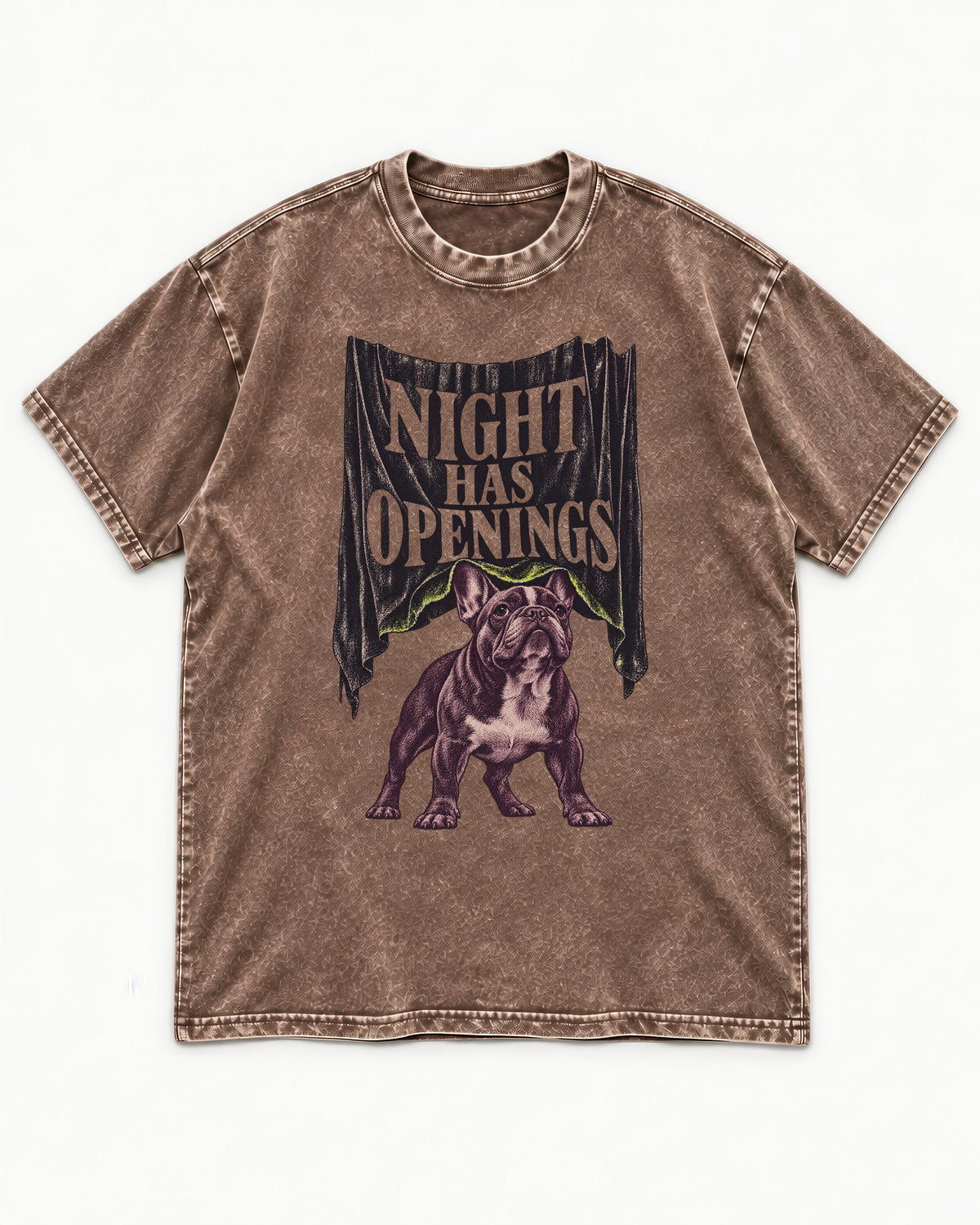 Night Has Openings Frenchie Washed Tee in Coffee, flat lay product photo
