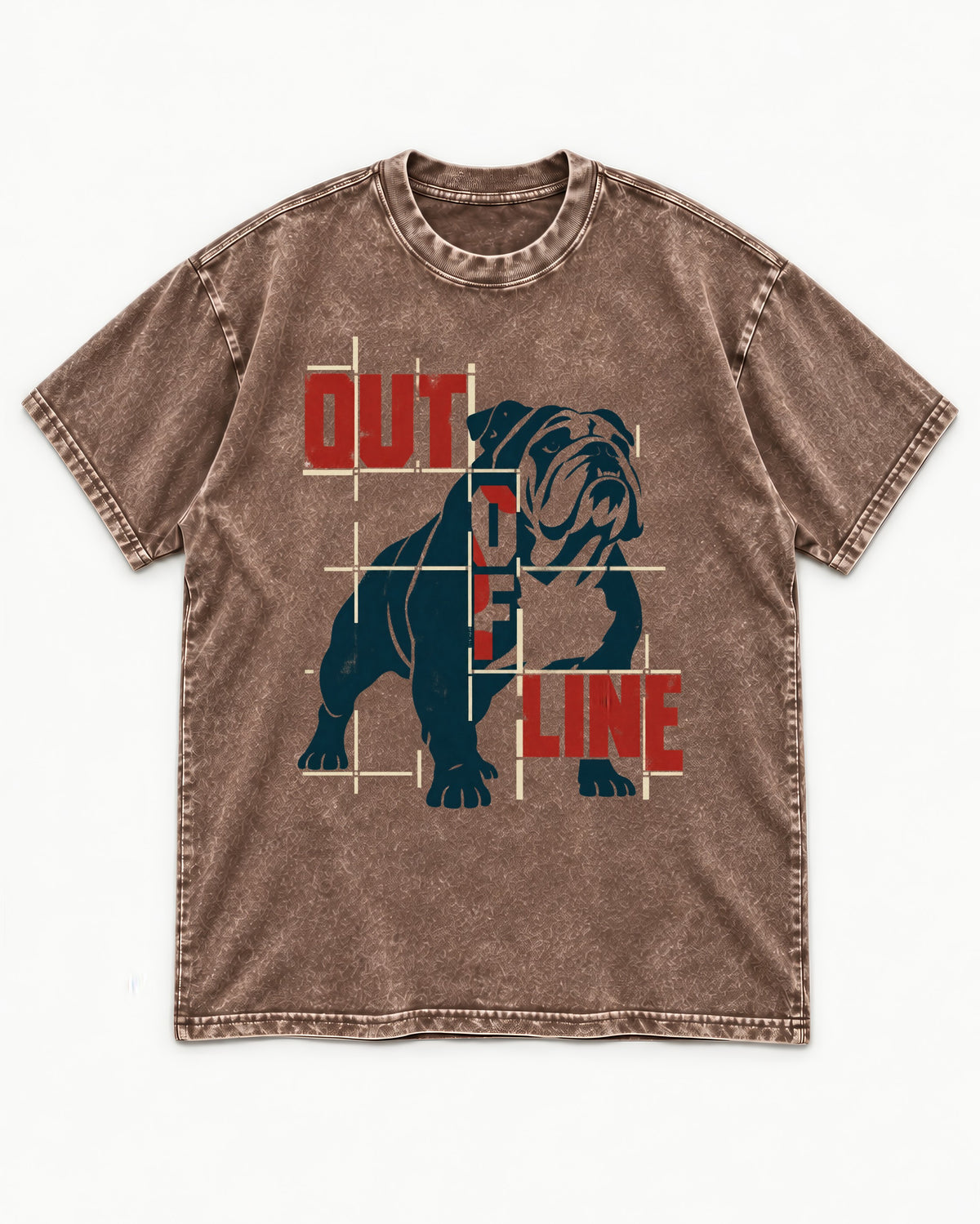 English Bulldog Out of Line Washed Tee in Coffee, flat lay product photo