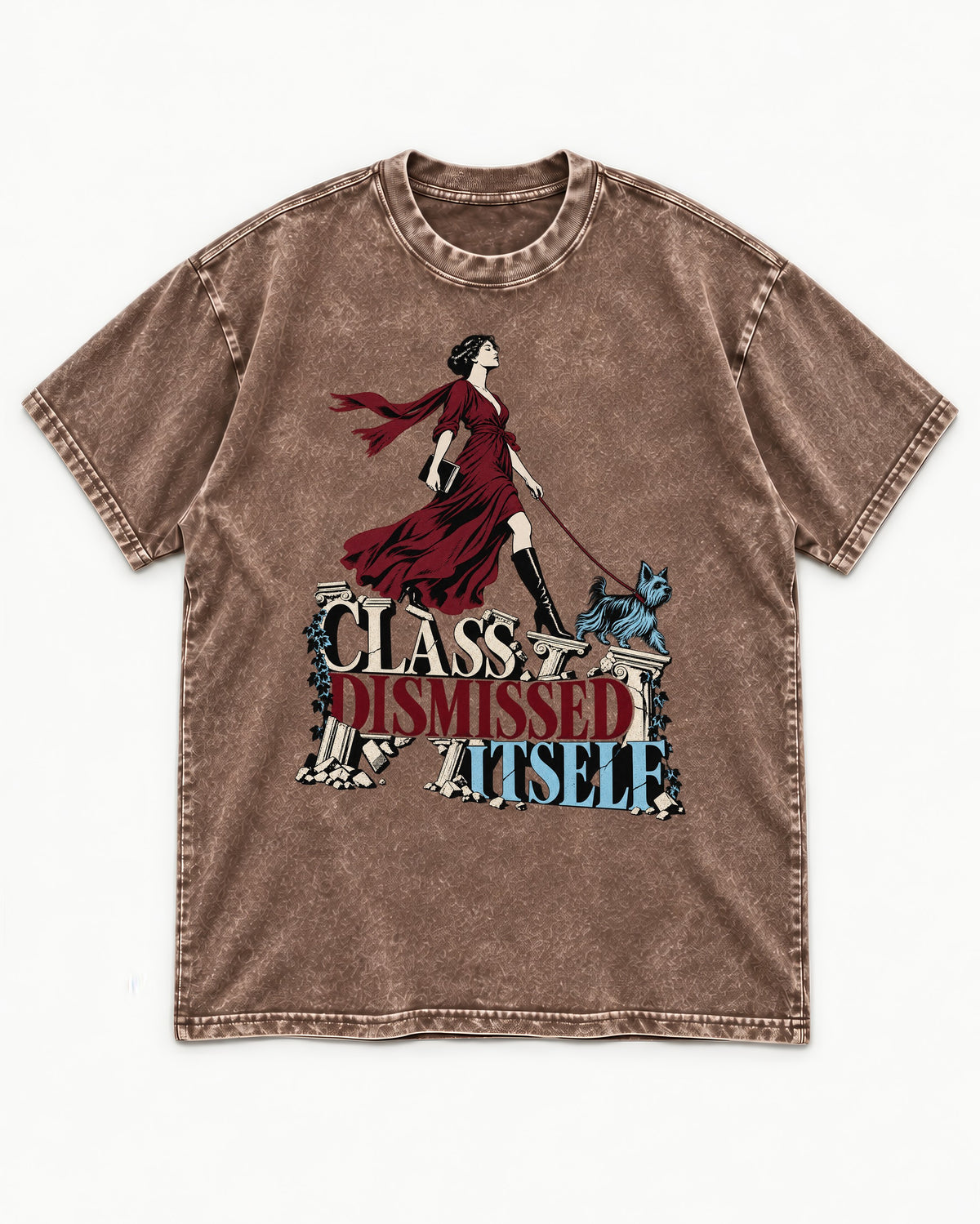 Class Dismissed Itself Yorkshire Terrier Washed Tee in Coffee, flat lay product photo