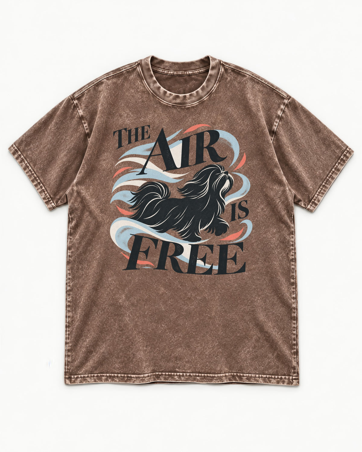 The Air Is Free Shih Tzu Washed Tee in Coffee, flat lay product photo