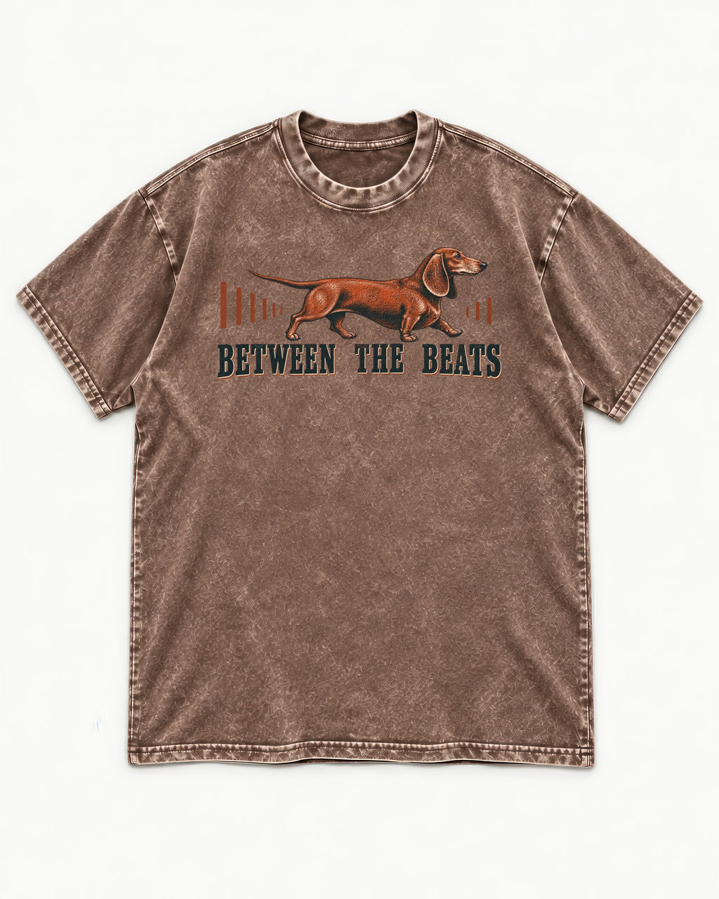 Dachshund Between the Beats Washed Tee in Coffee, flat lay product photo