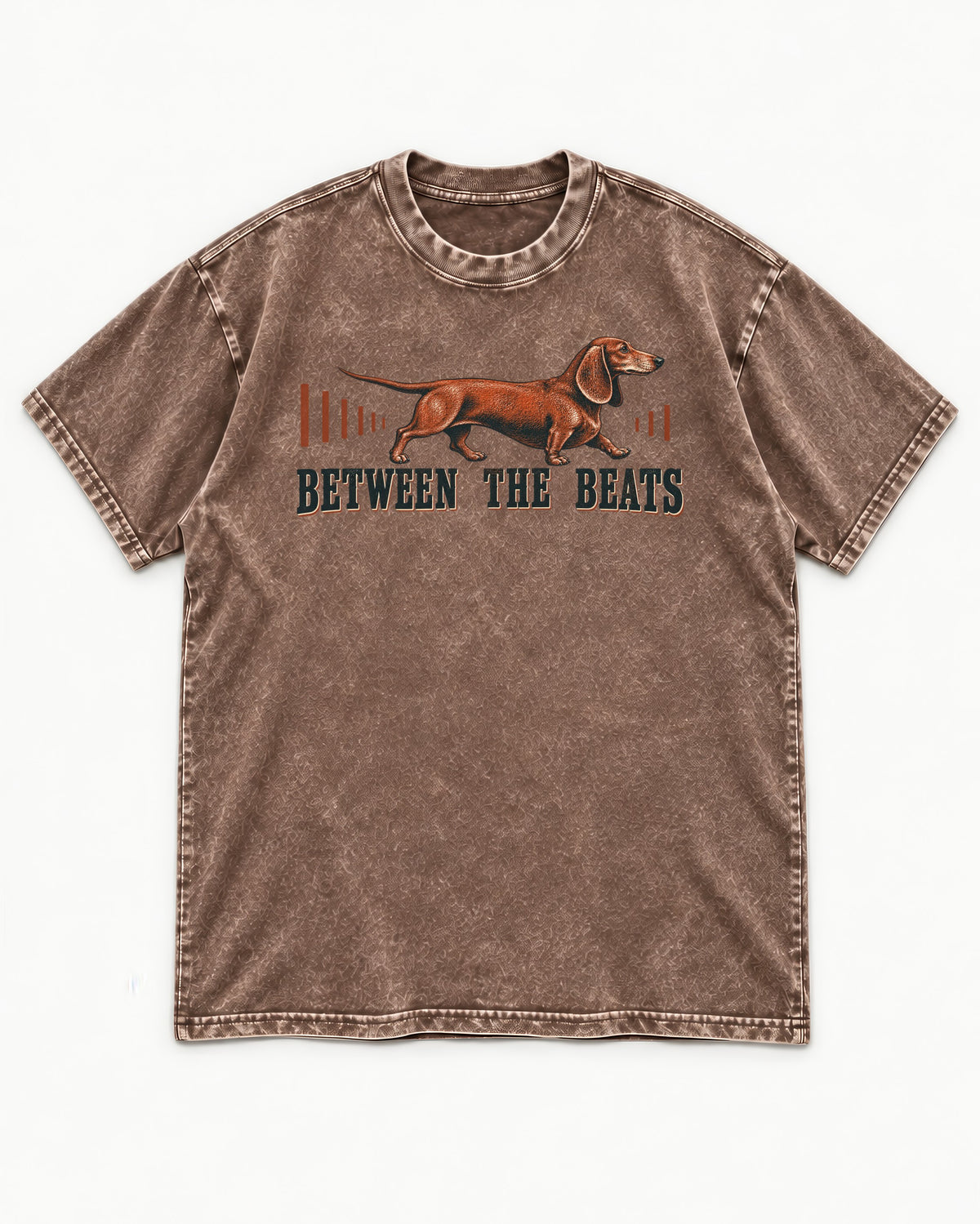 Dachshund Between the Beats Washed Tee in Coffee, flat lay product photo