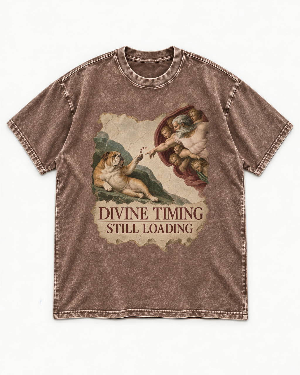 English Bulldog Divine Timing Still Loading Washed Tee in Coffee, flat lay product photo