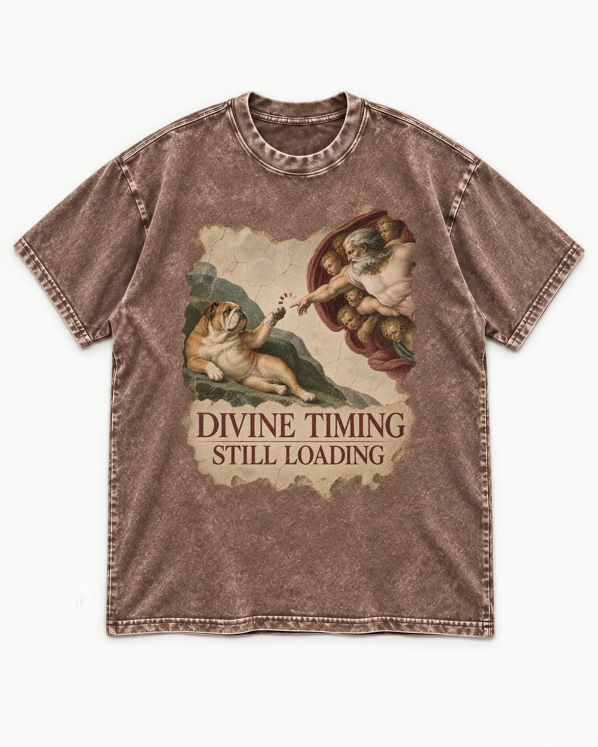 English Bulldog Divine Timing Still Loading Washed Tee in Coffee, flat lay product photo