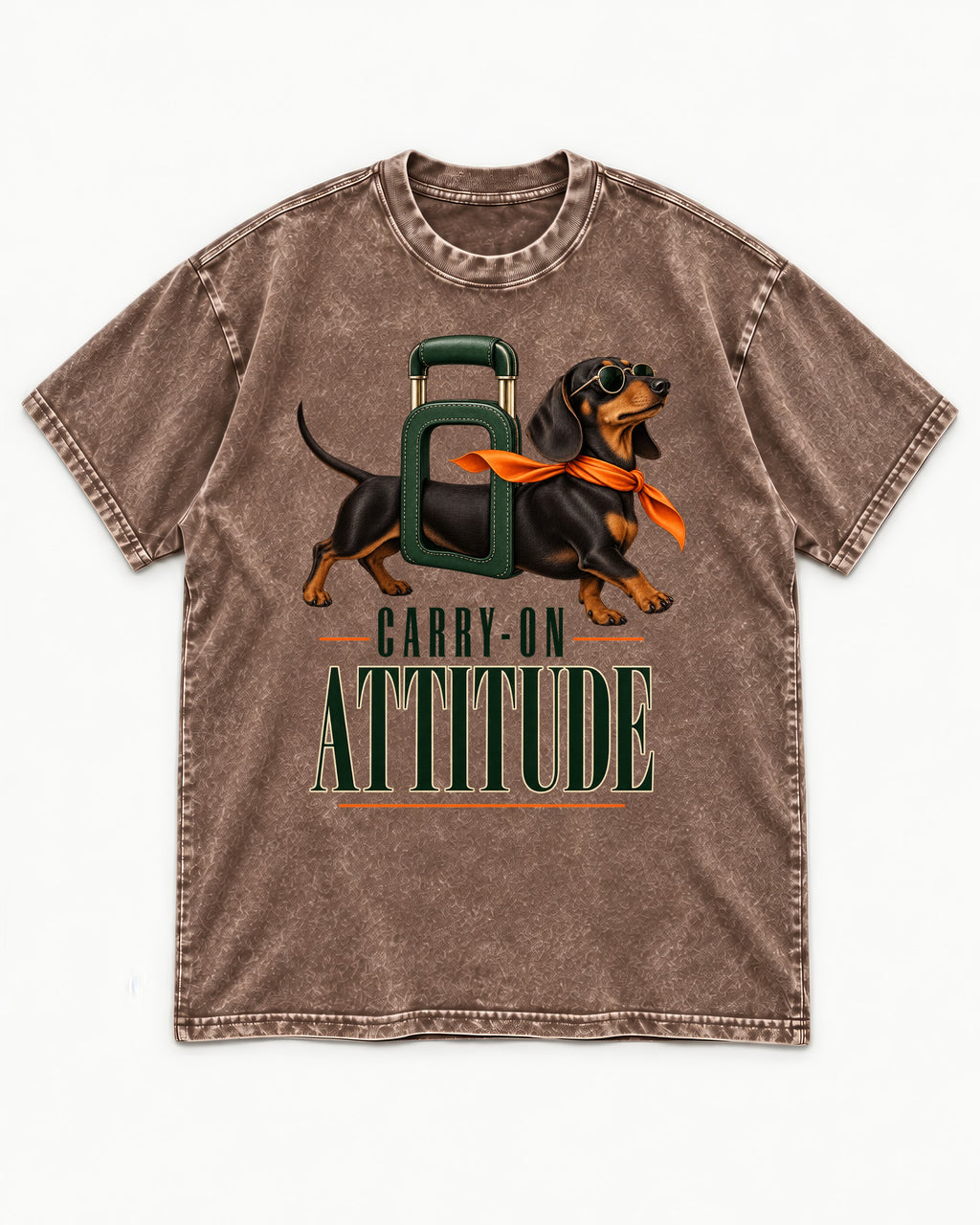 Dachshund Carry on Attitude Washed Tee in Coffee, flat lay product photo
