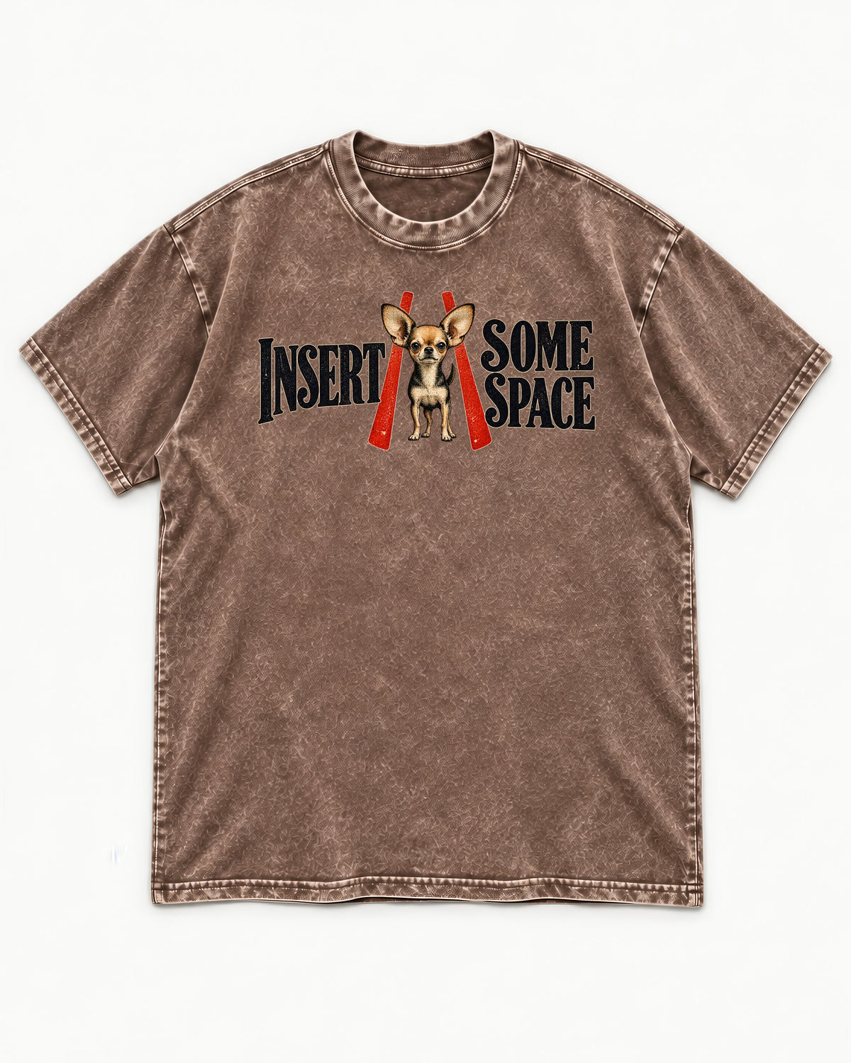 Insert Some Chihuahua Space Washed Tee in Coffee, flat lay product photo