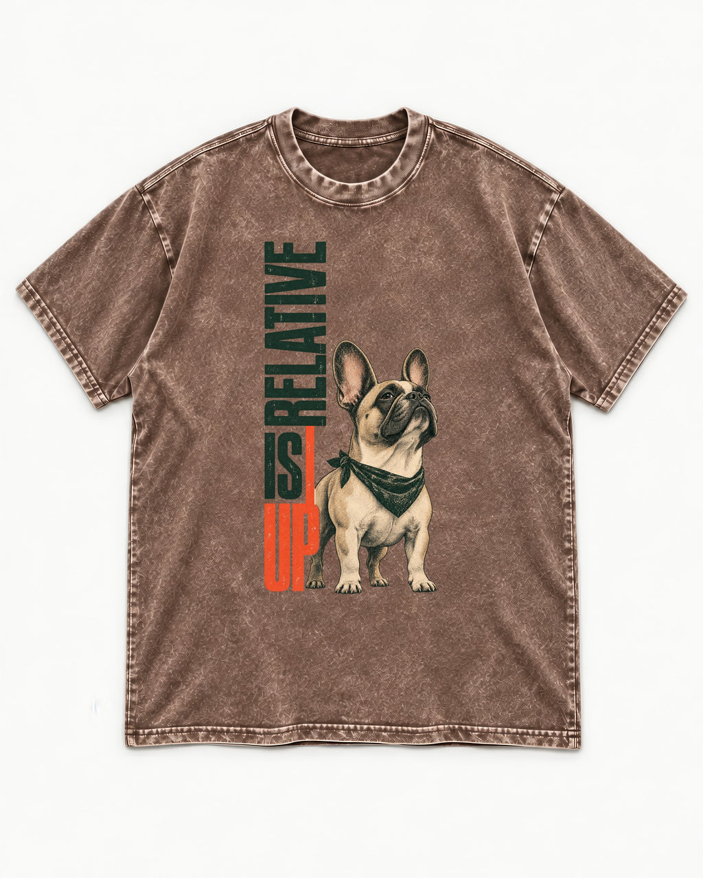 Up Is Relative Frenchie Washed Tee in Coffee, flat lay product photo
