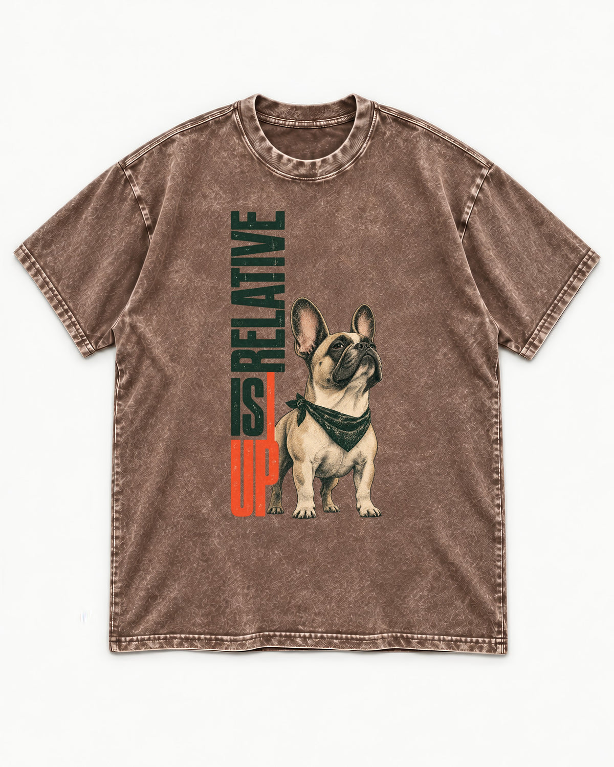 Up Is Relative Frenchie Washed Tee in Coffee, flat lay product photo