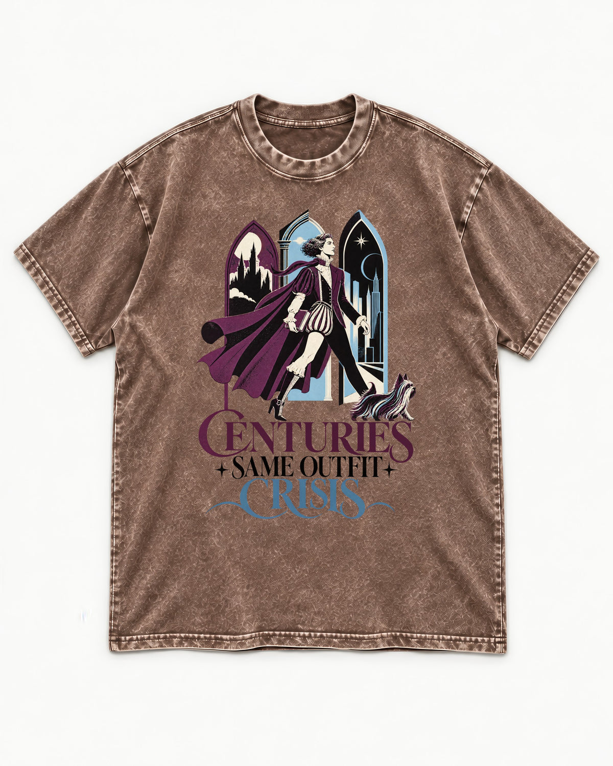 Yorkshire Terrier Centuries Same Outfit Crisis Gothic Graphic Washed Tee in Coffee, flat lay product photo