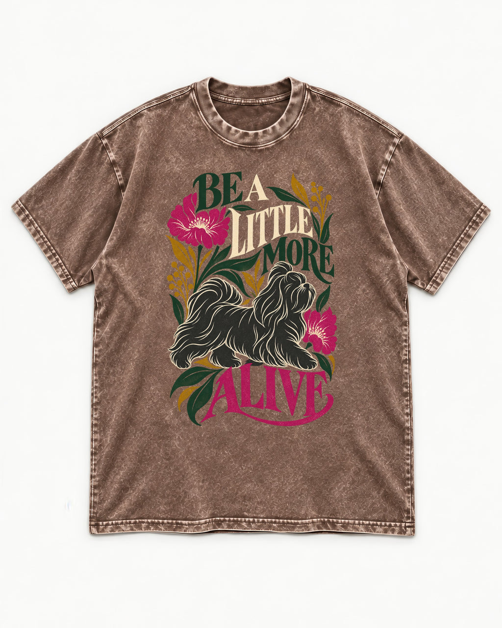 Shih Tzu Be a Little More Alive Botanical Graphic Washed Tee in Coffee, flat lay product photo
