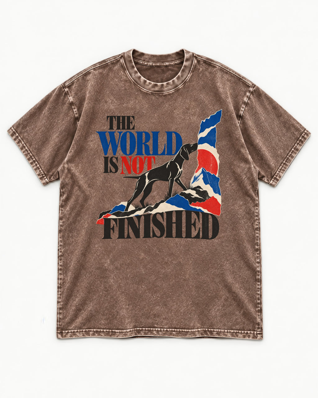 World Is Not Finished German Shorthaired Pointer Washed Tee in Coffee, flat lay product photo