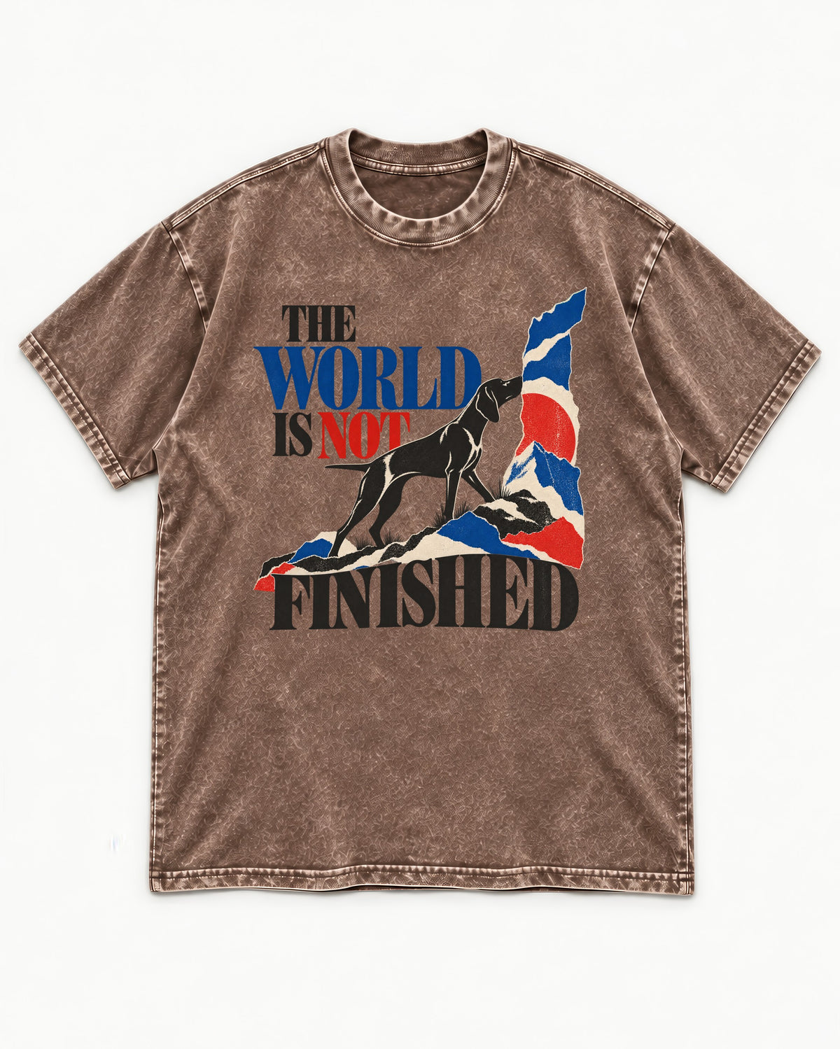 World Is Not Finished German Shorthaired Pointer Washed Tee in Coffee, flat lay product photo