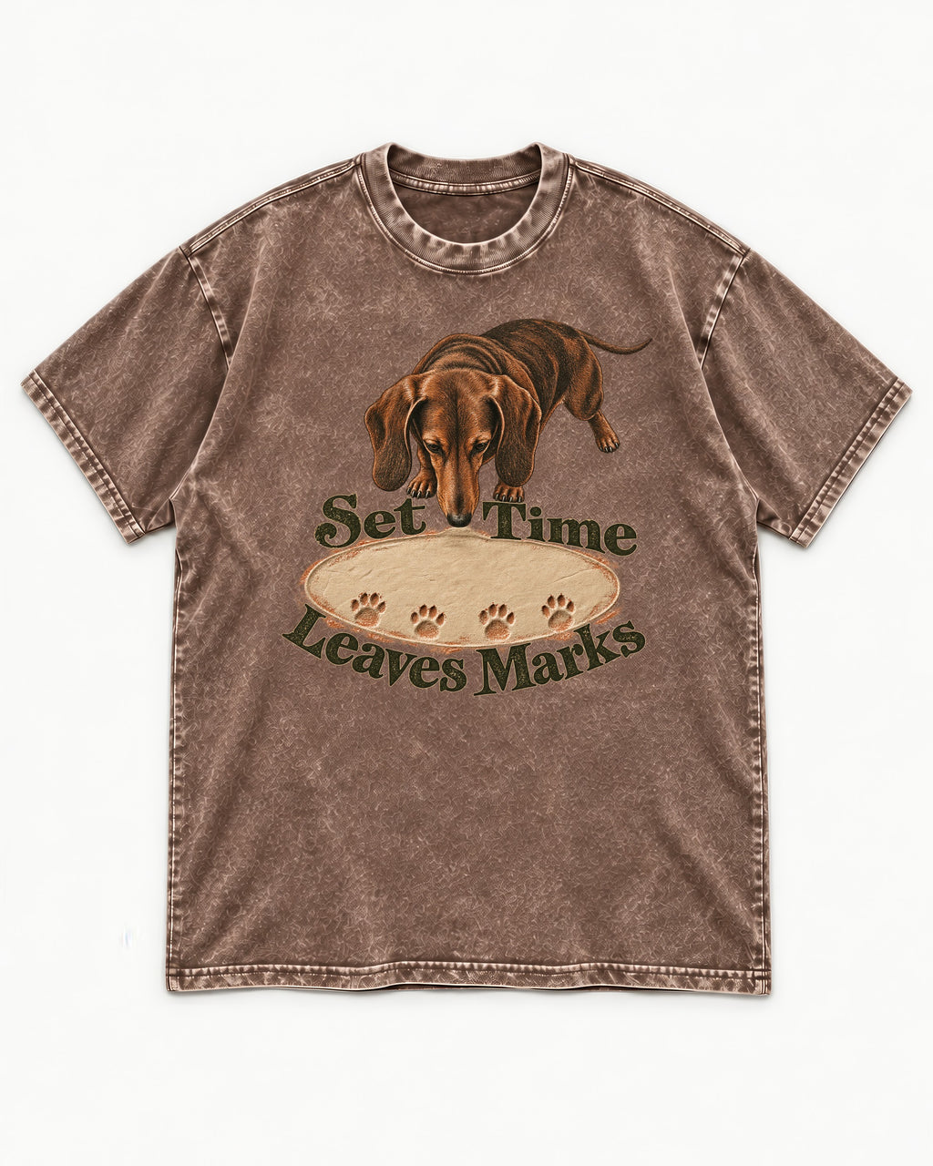 Dachshund Time Leaves Marks Washed Tee in Coffee, flat lay product photo