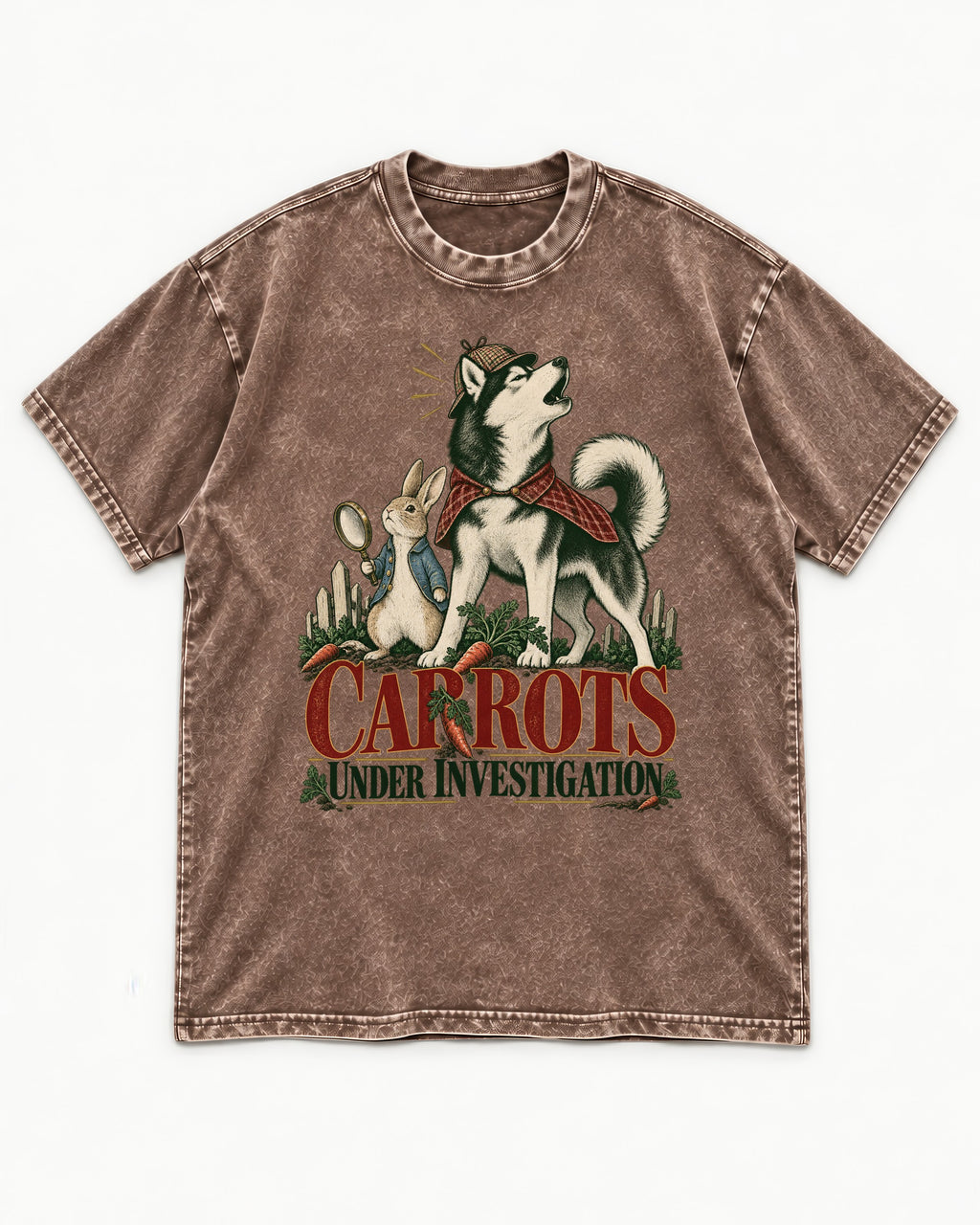 Carrots Under Husky Investigation Washed Tee in Coffee, flat lay product photo