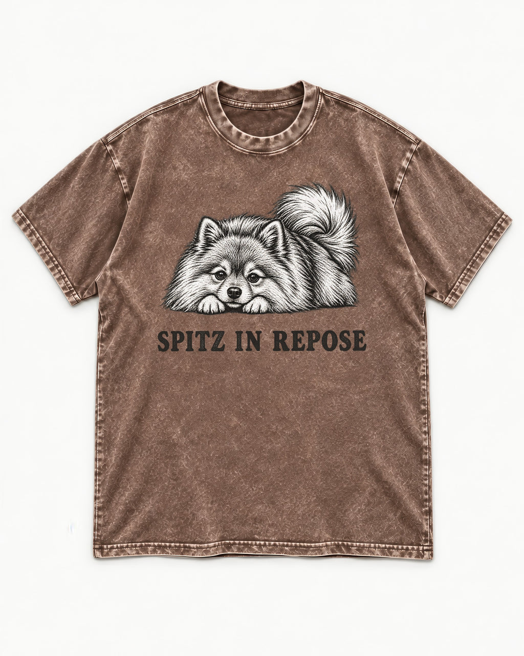 Pomeranian In Repose Washed Tee in Coffee, flat lay product photo