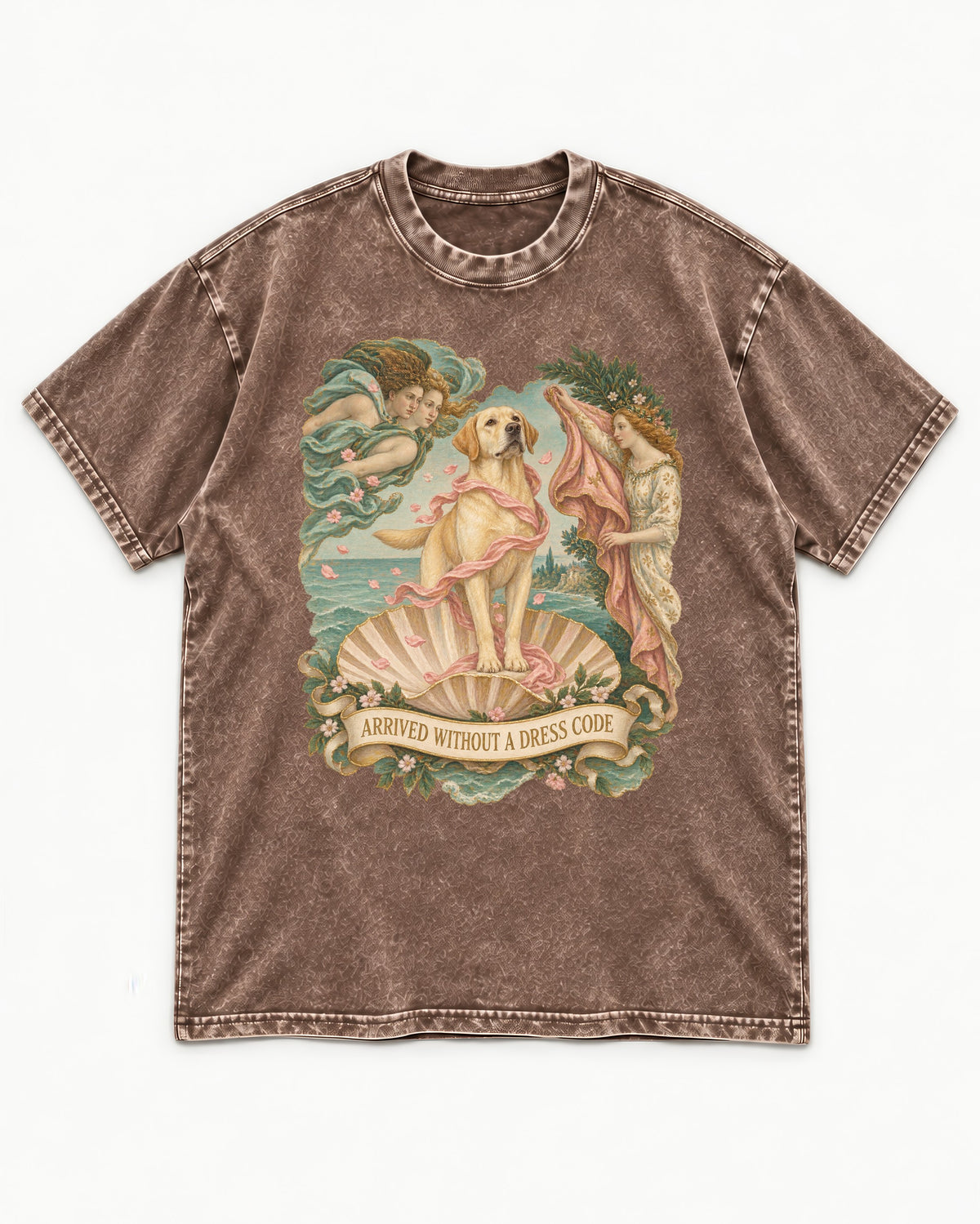 Labrador Retriever Without a Dress Code Washed Tee in Coffee, flat lay product photo
