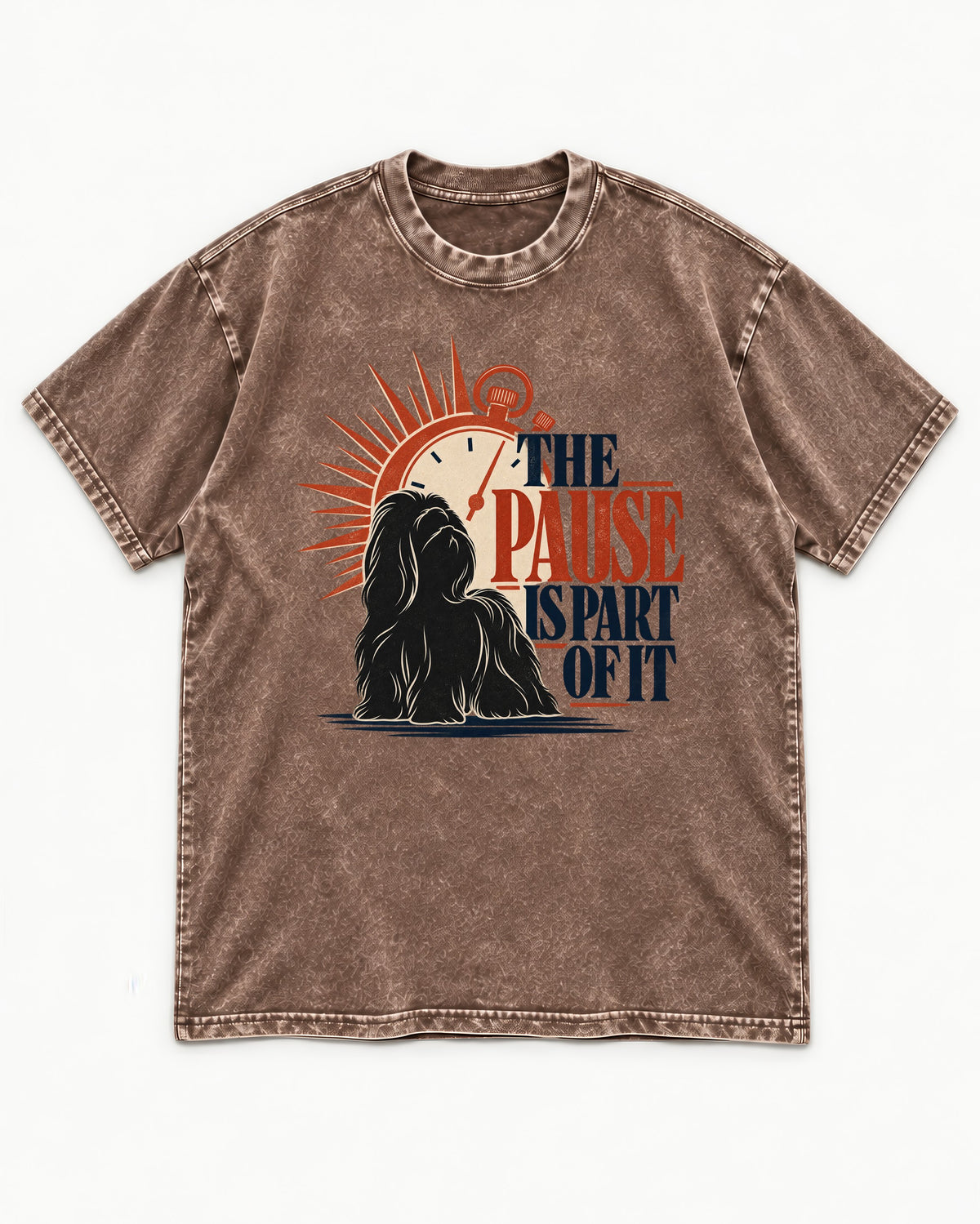 The Shih Tzu Pause Washed Tee in Coffee, flat lay product photo