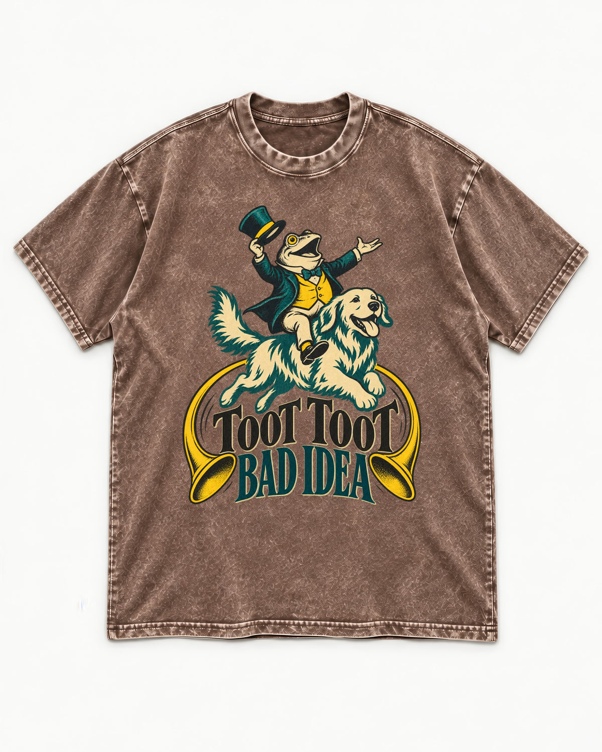 Golden Retriever Toot Toot Bad Idea Washed Tee in Coffee, flat lay product photo