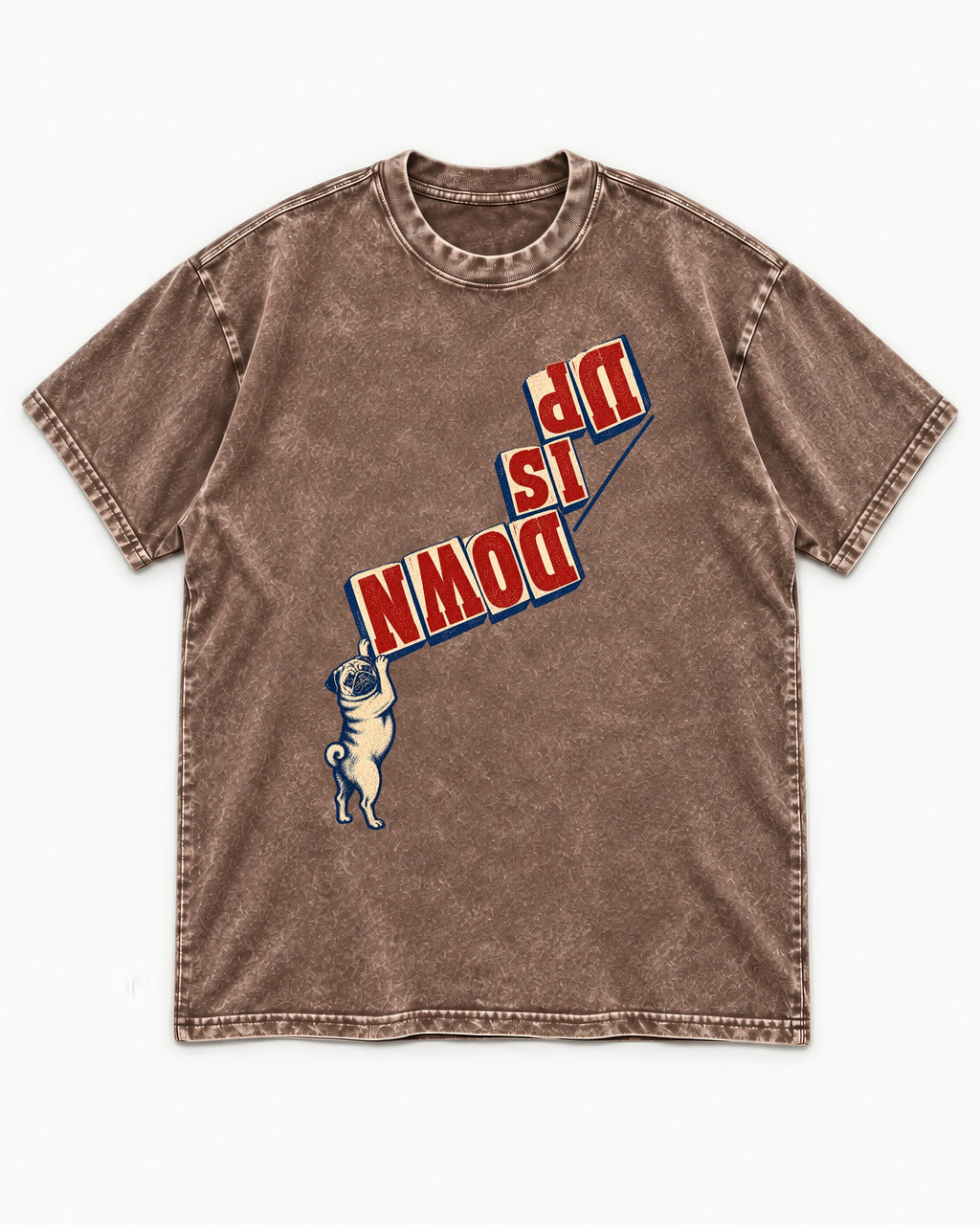 Down Is Up Pug Washed Tee in Coffee, flat lay product photo