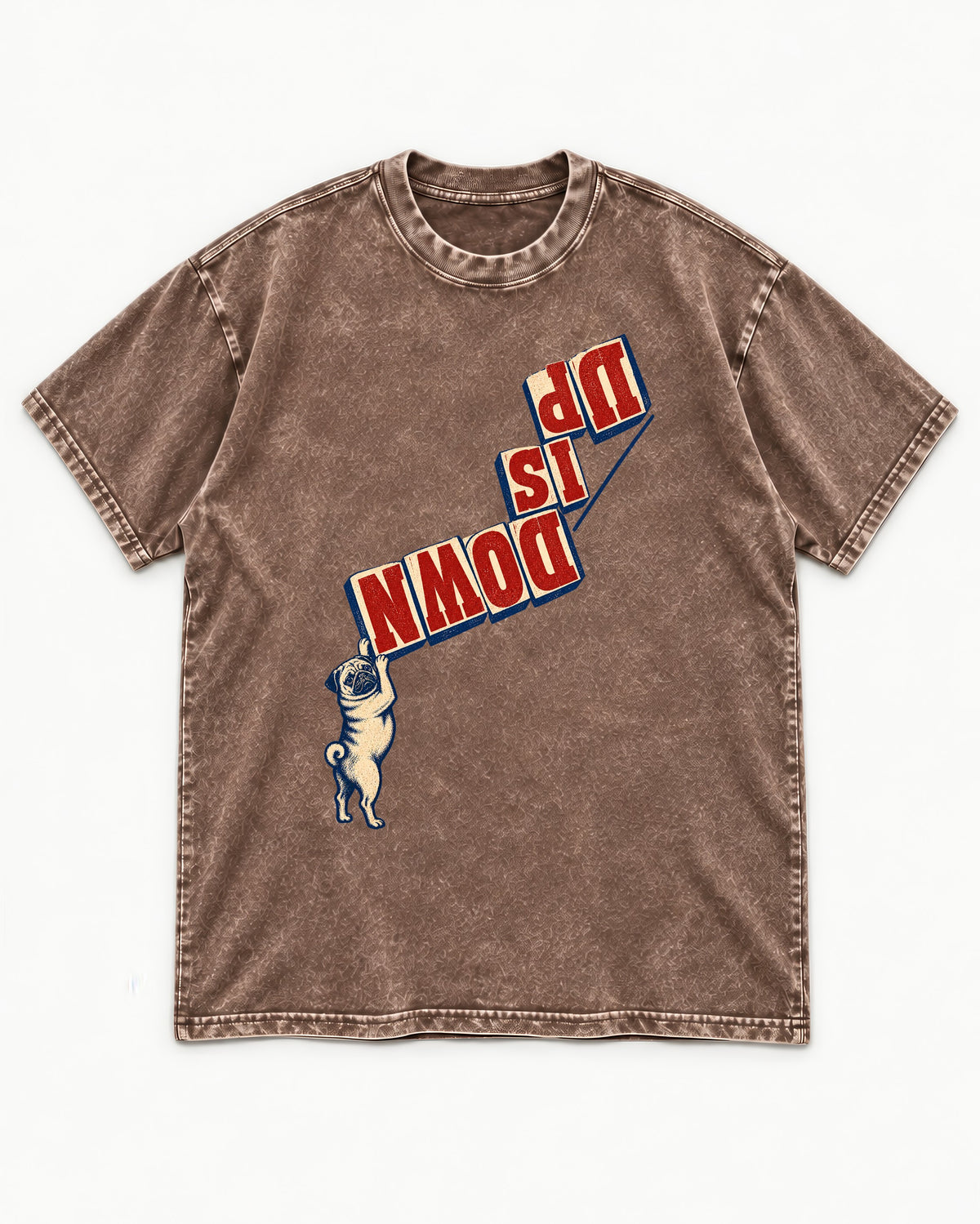Down Is Up Pug Washed Tee in Coffee, flat lay product photo