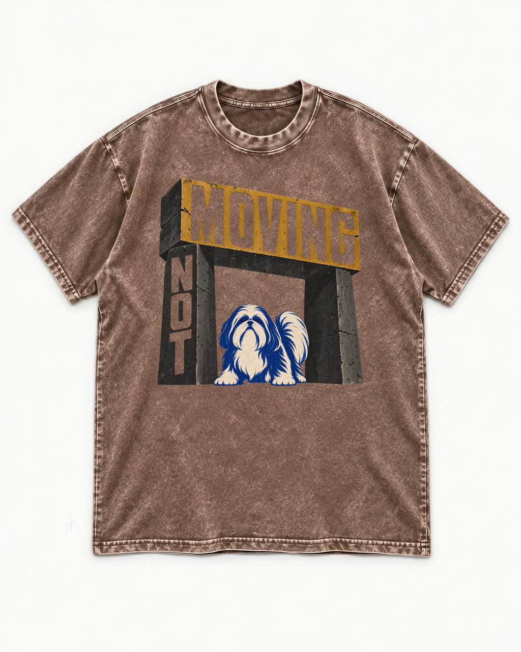 Not Moving Shih Tzu Washed Tee in Coffee, flat lay product photo