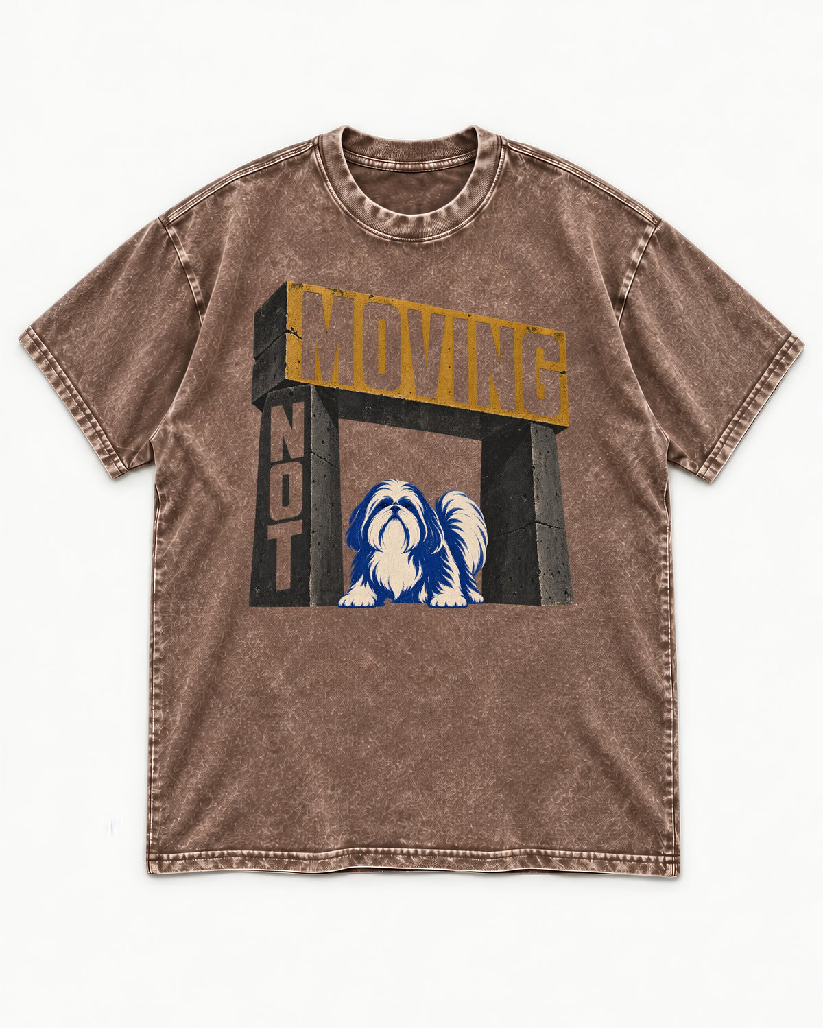 Not Moving Shih Tzu Washed Tee in Coffee, flat lay product photo