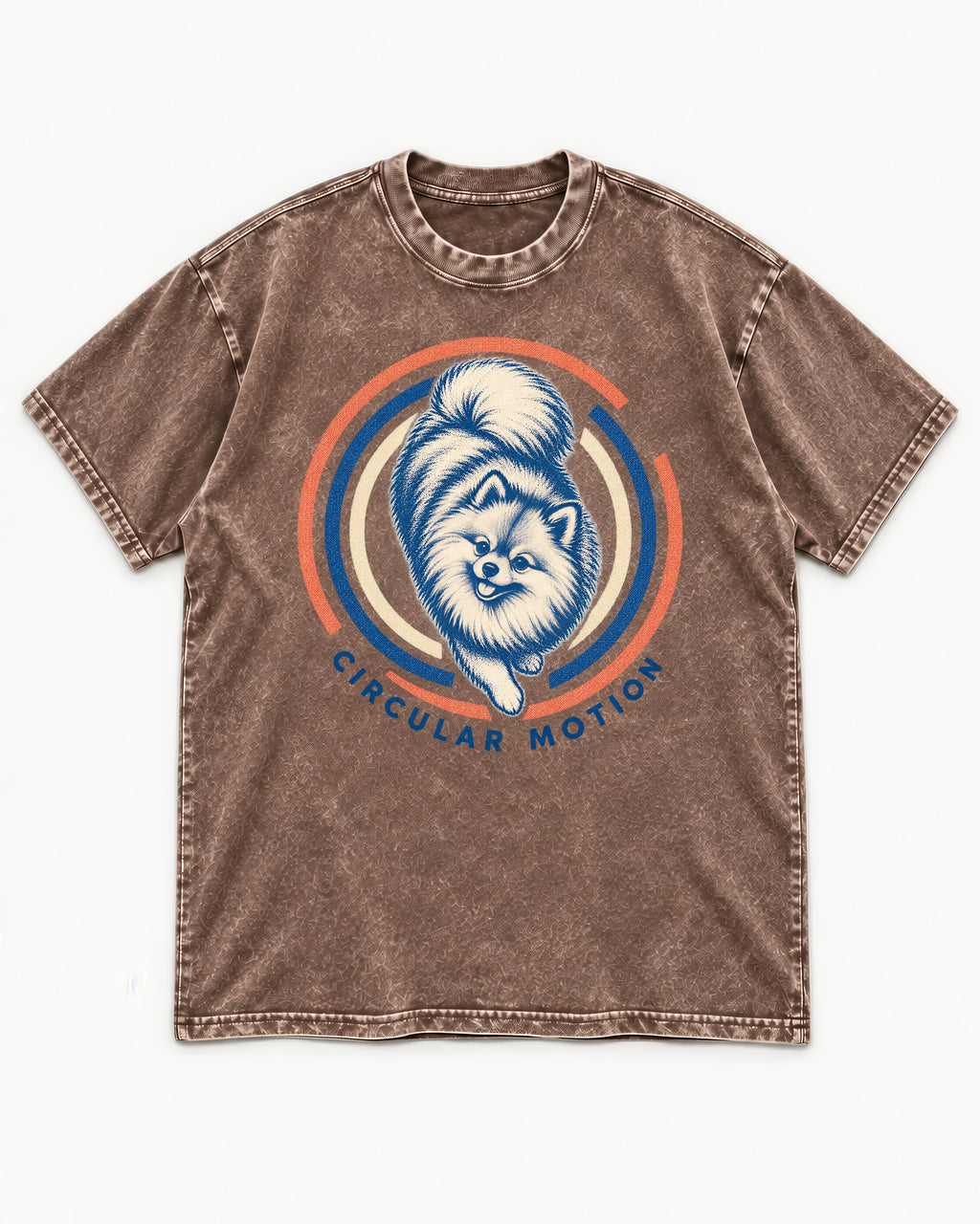 Pomeranian Circular Motion Washed Tee in Coffee, flat lay product photo