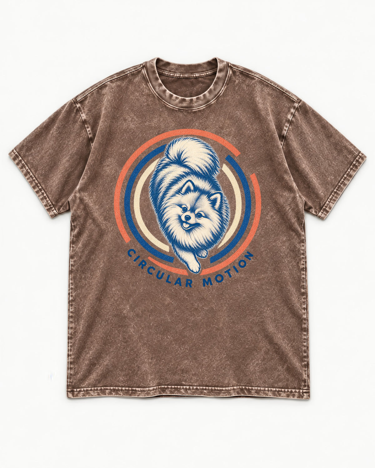Pomeranian Circular Motion Washed Tee in Coffee, flat lay product photo