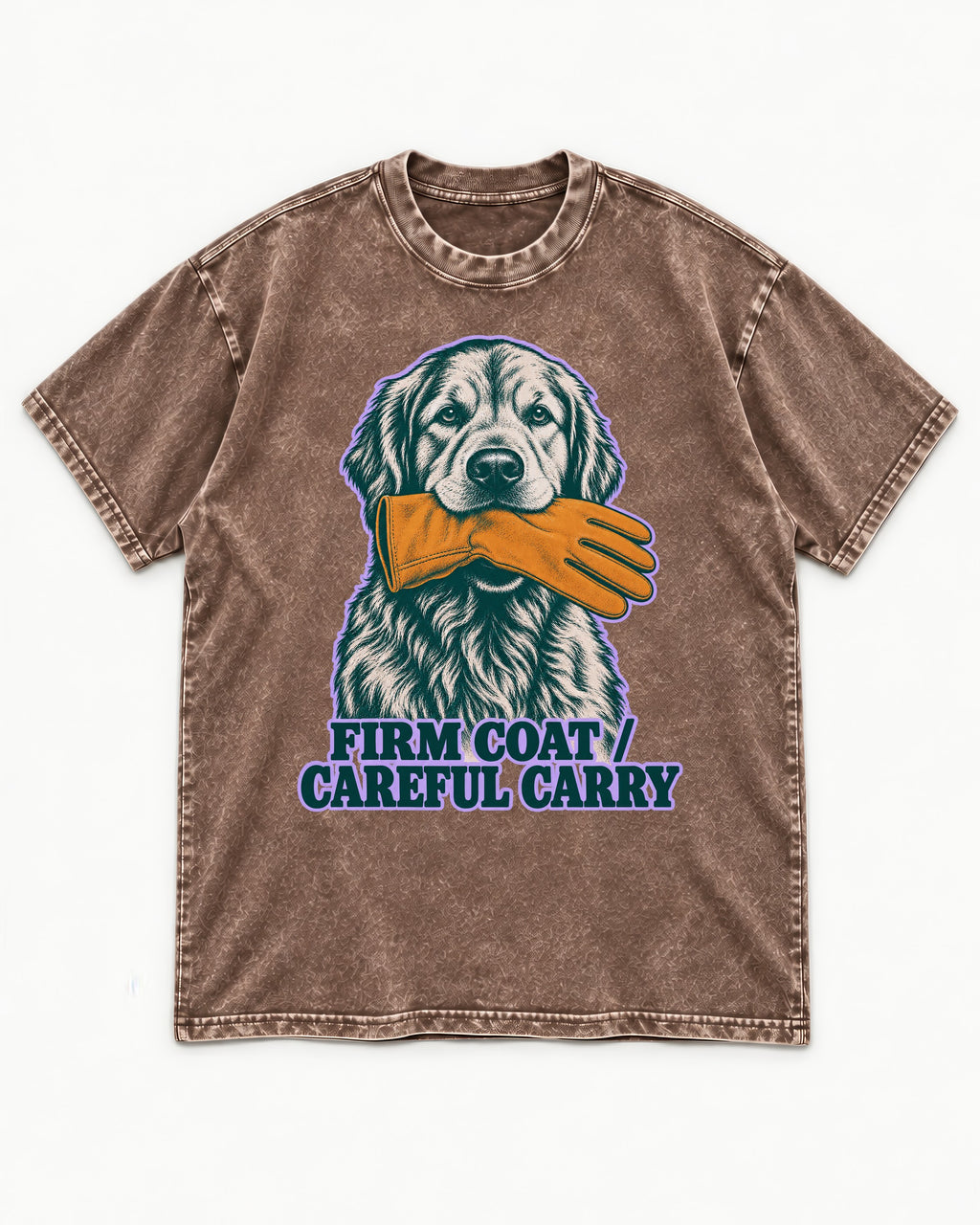 Golden Retriever Firm Coat Careful Carry Washed Tee in Coffee, flat lay product photo