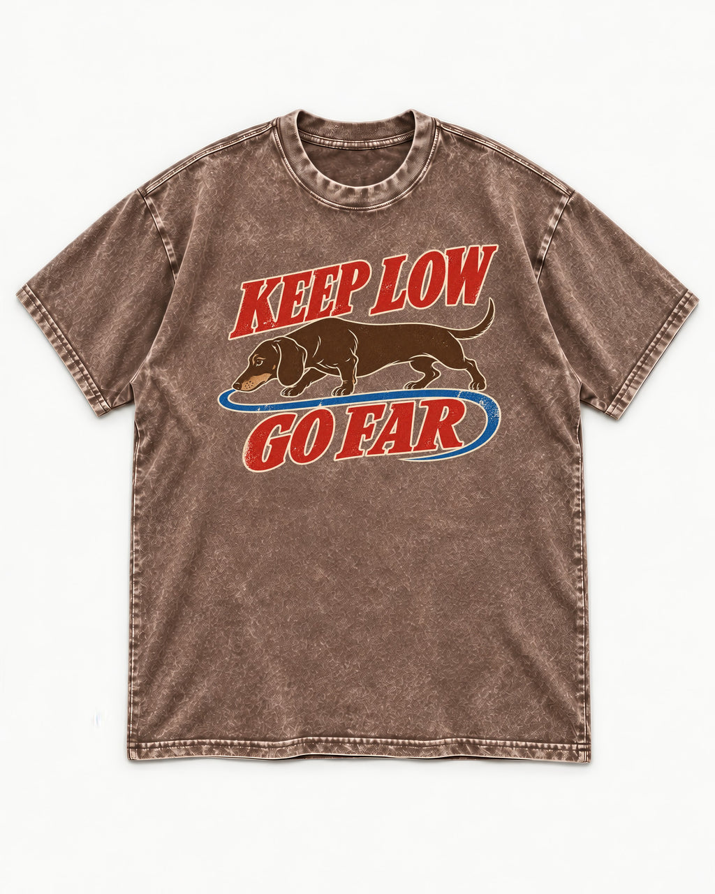 Dachshund Keep Low Go Far Washed Tee in Coffee, flat lay product photo