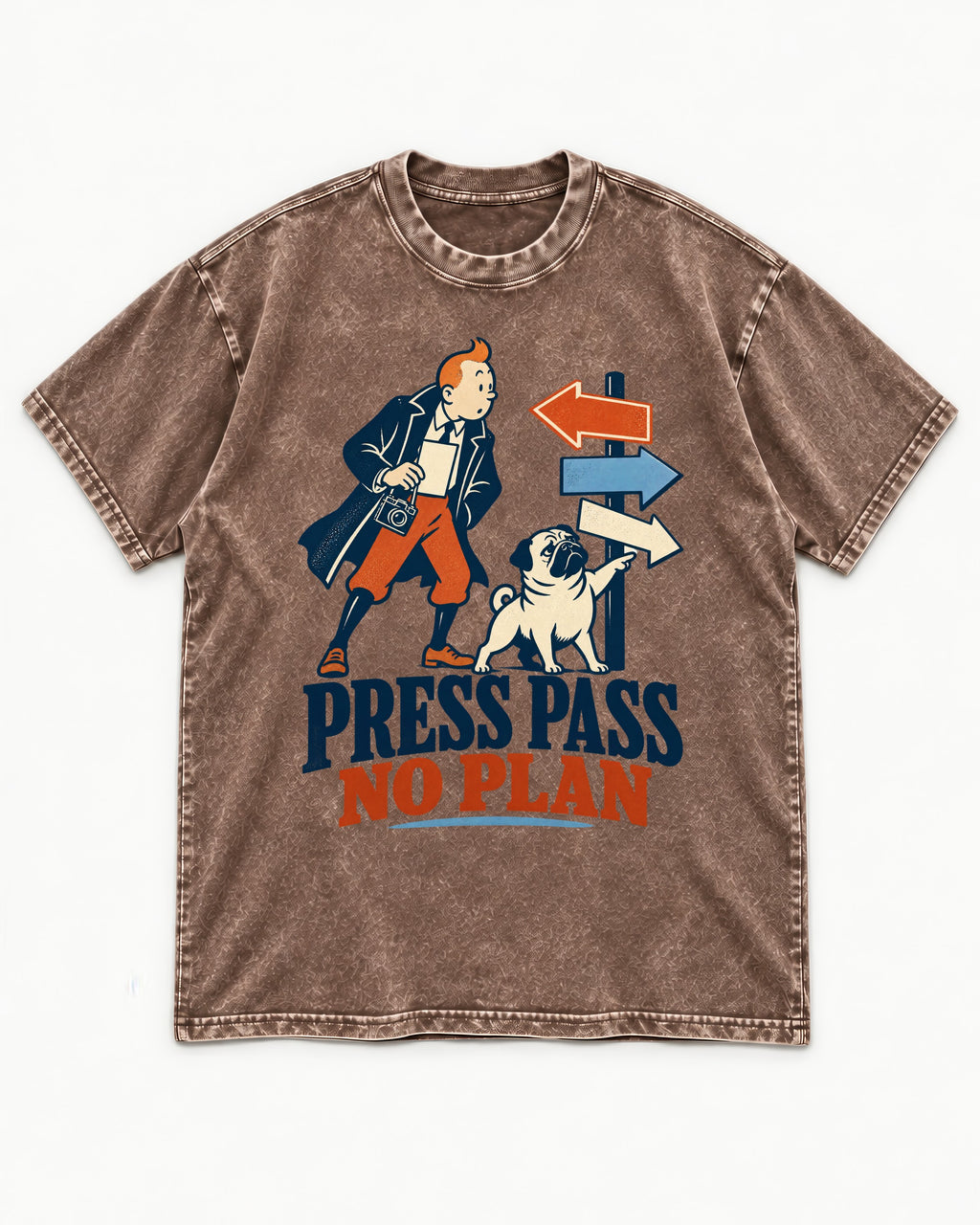 Pug Press Pass No Plan Washed Tee in Coffee, flat lay product photo